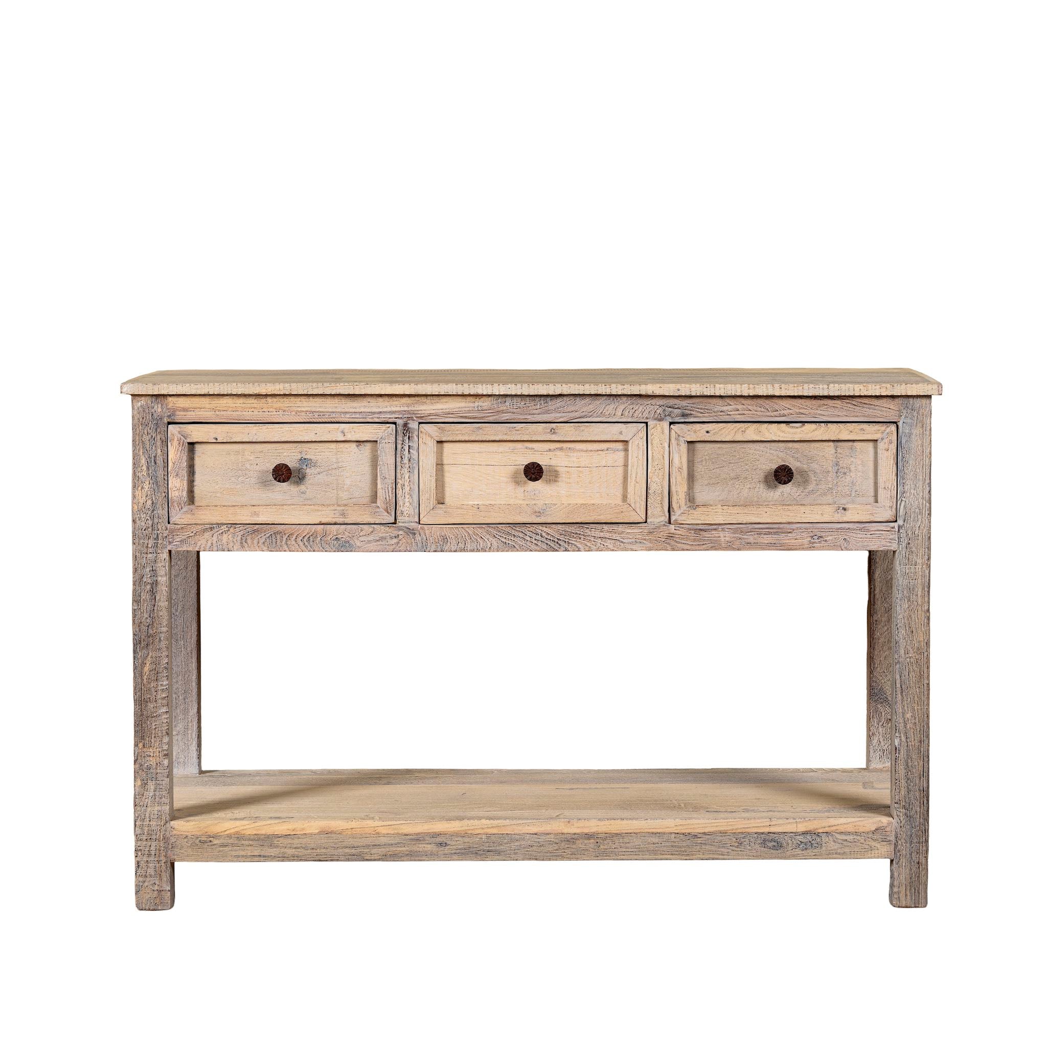 White background image of a sandblasted reclaimed wood bathroom console table with 3 drawers and open shelf; sustainable furniture, 120 × 50 × 80 cm.