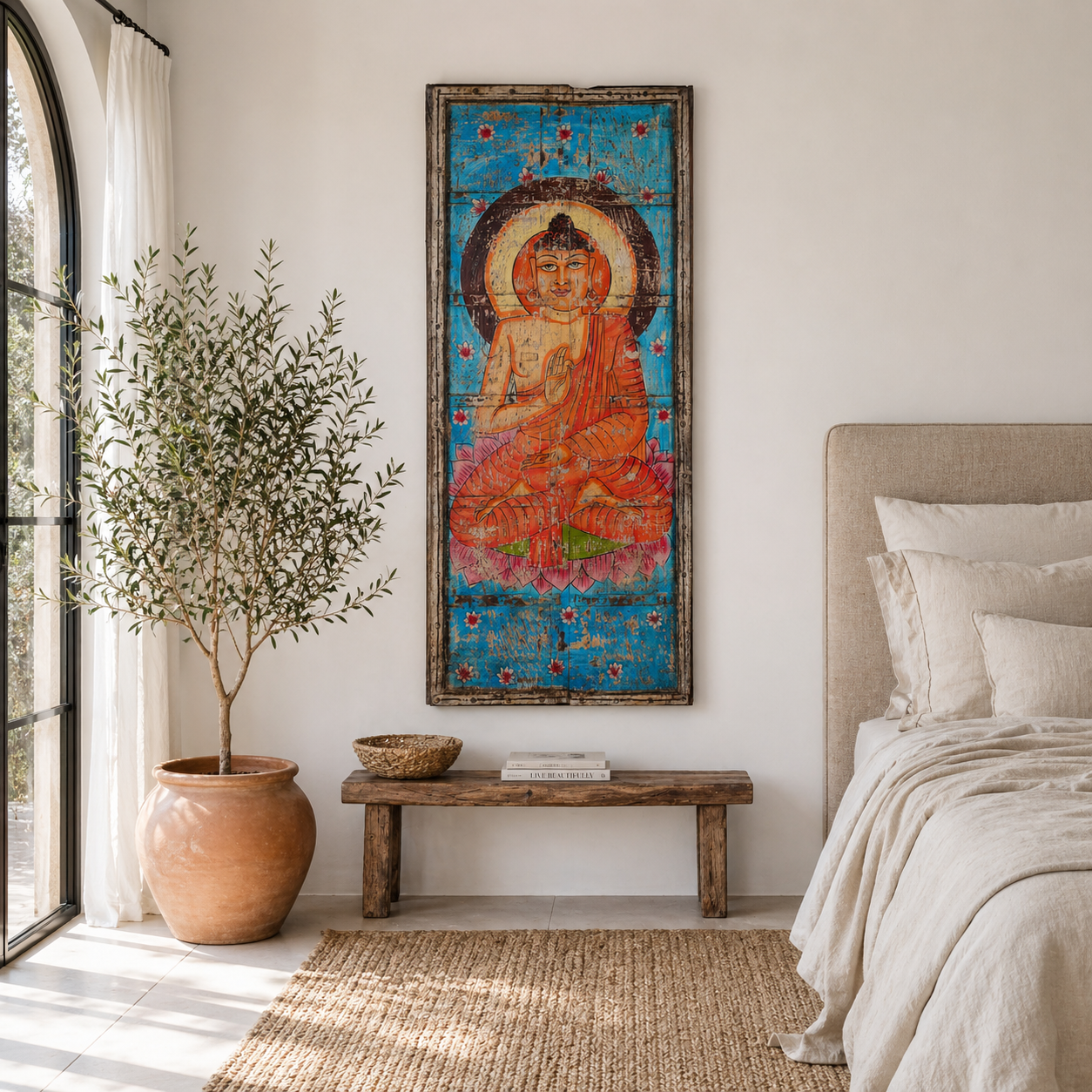Lifestyle image of a Buddha wall panel hand-painted on an antique Indian teak door, featuring a meditative Buddha surrounded by lotus motifs—an elegant fusion of spiritual art and old Indian door panels.