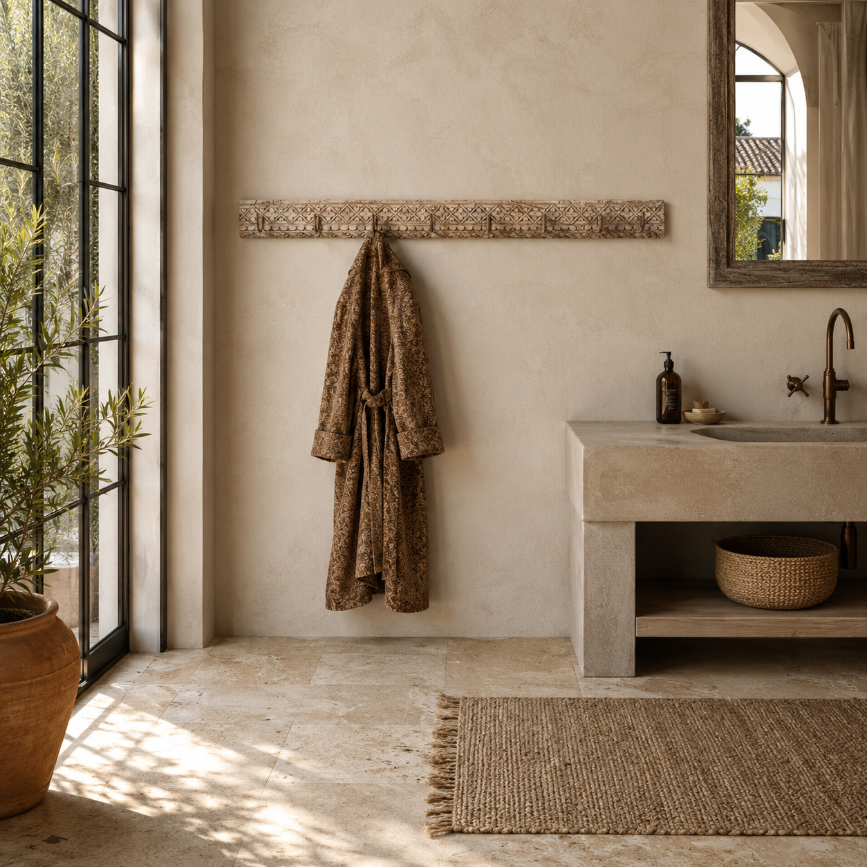 Lifestyle image of a Temple Carved Hook Board handcrafted from an antique Indian reclaimed wood architectural element with hand-carved floral details, bleached finish and eight iron hooks, 150x7x5cm.