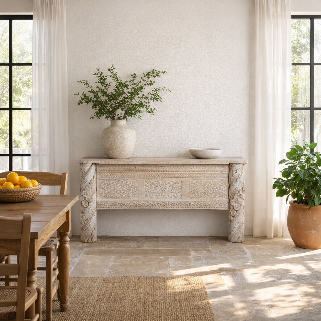Lifestyle image of a white-washed carved console table made from reclaimed wood with floral detailing; Mediterranean and Ibiza style furniture, 160 × 80 × 48 cm.