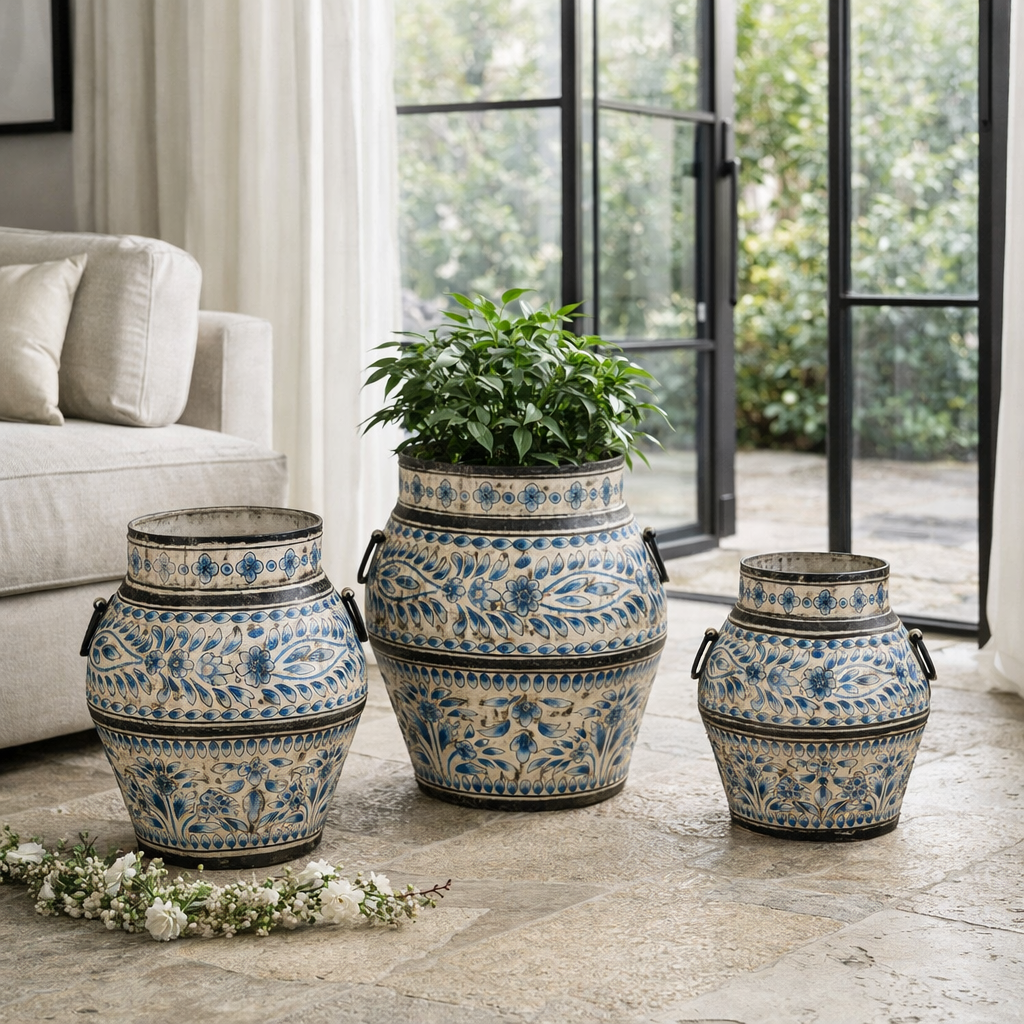 Lifestyle imagination of a set of 3 hand-painted decorative iron pots in cream and blue floral designs, featuring traditional Indian motifs – perfect for vintage home accessories and painted iron decoration.