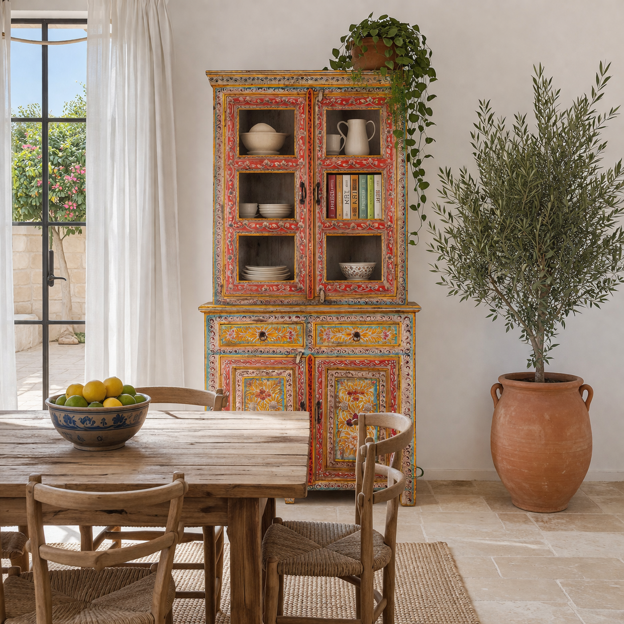 Lifestyle image of a of a hand-painted two-part showcase made of reclaimed wood with floral motifs; unique furniture for a boho chic living room, 94 × 48 × 203 cm.