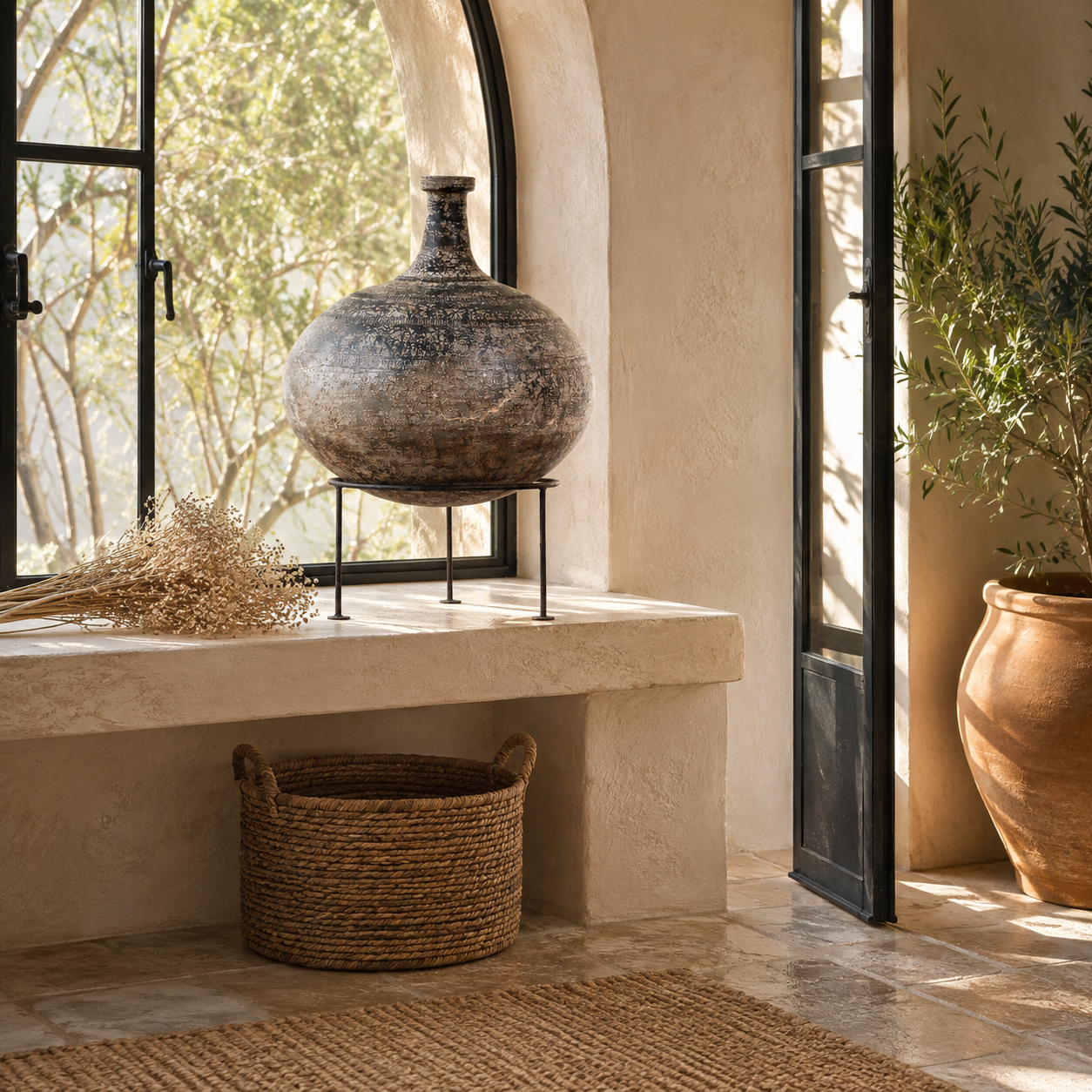 Lifestyle image of a hand-painted clay vase with rounded body, narrow neck and iron stand, handcrafted decorative vase with rustic aged finish, 40cm.