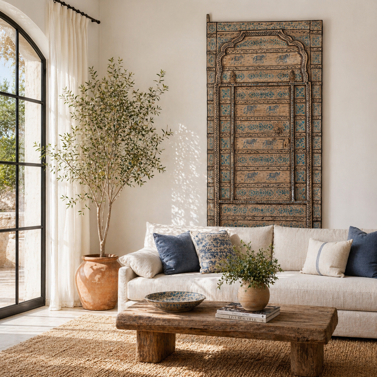 Lifestyle scene with a antique hand-painted Indian teak wood door with floral and elephant motifs; vintage Indian doors for wooden wall decoration, 128 × 10 × 250 cm.