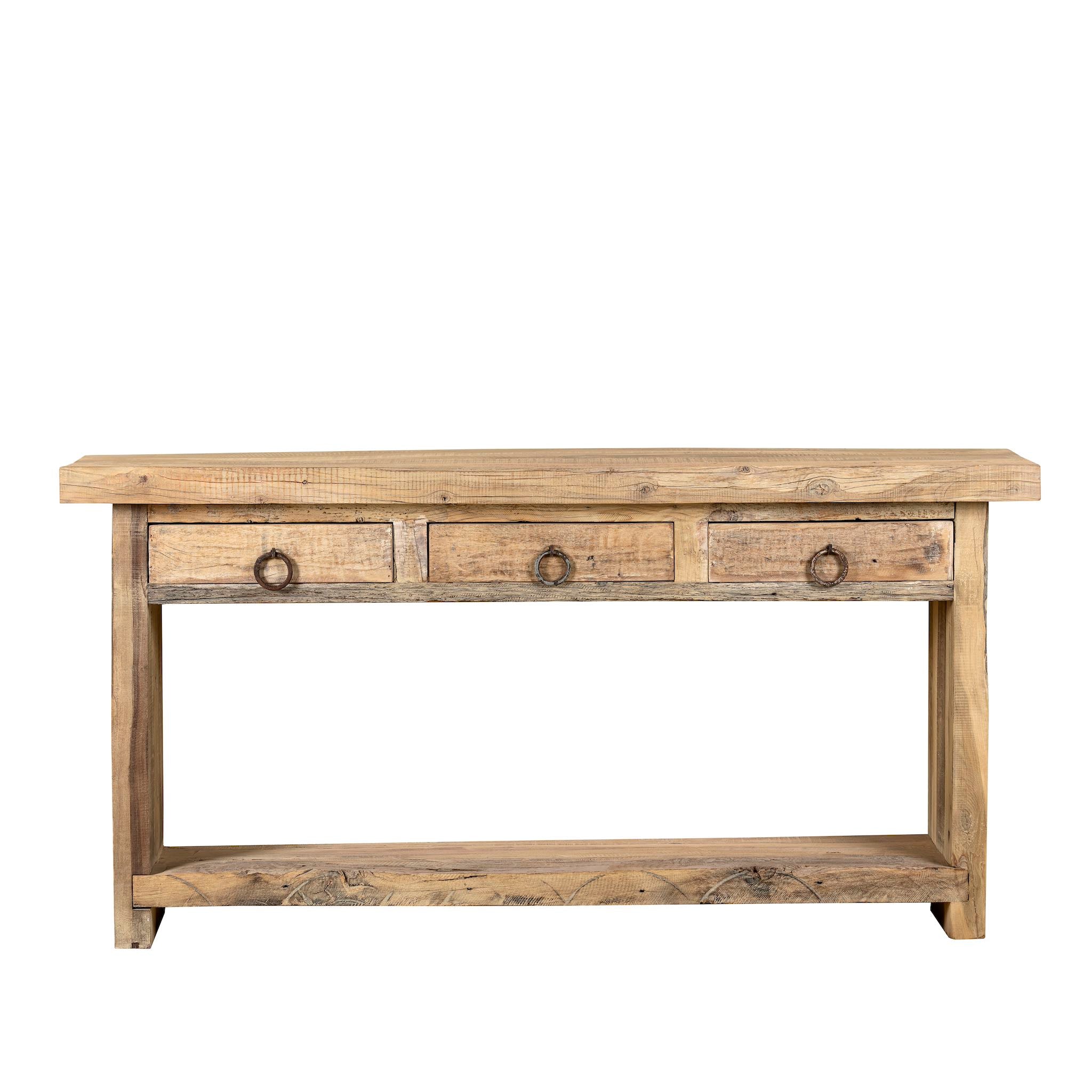 White background image of a teak wood console table with sandblasted finish, three drawers and lower shelf; sustainable furniture for entryways, living rooms, or bathrooms, 160 × 30 × 80 cm.