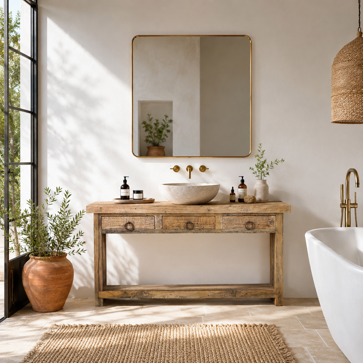 Lifestyle image of a teak wood console table with sandblasted finish, three drawers and lower shelf; sustainable furniture for entryways, living rooms, or bathrooms, 160 × 30 × 80 cm.