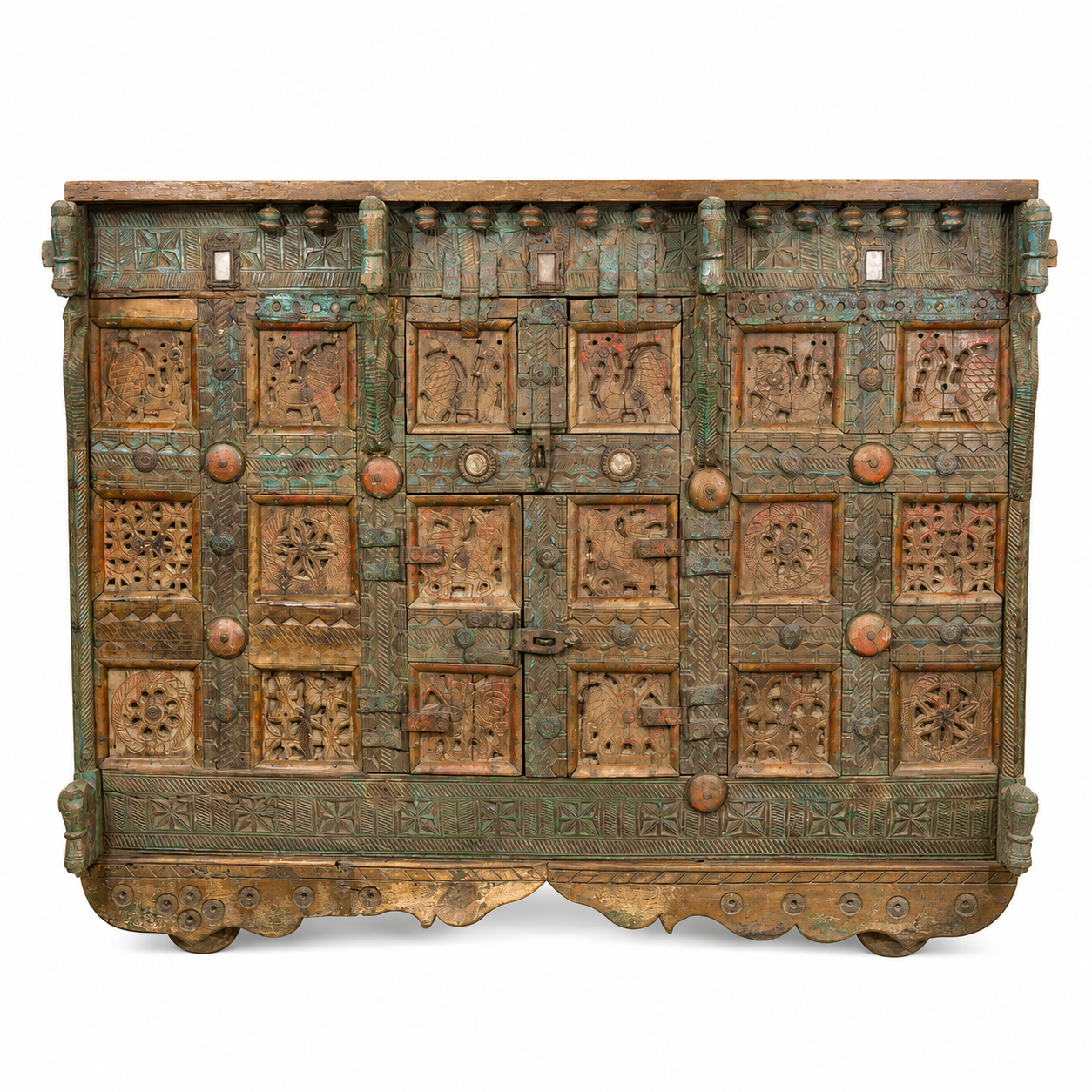 White backround image of a Damchya antique Indian marriage chest on wooden wheels crafted from reclaimed teak wood 130cm
