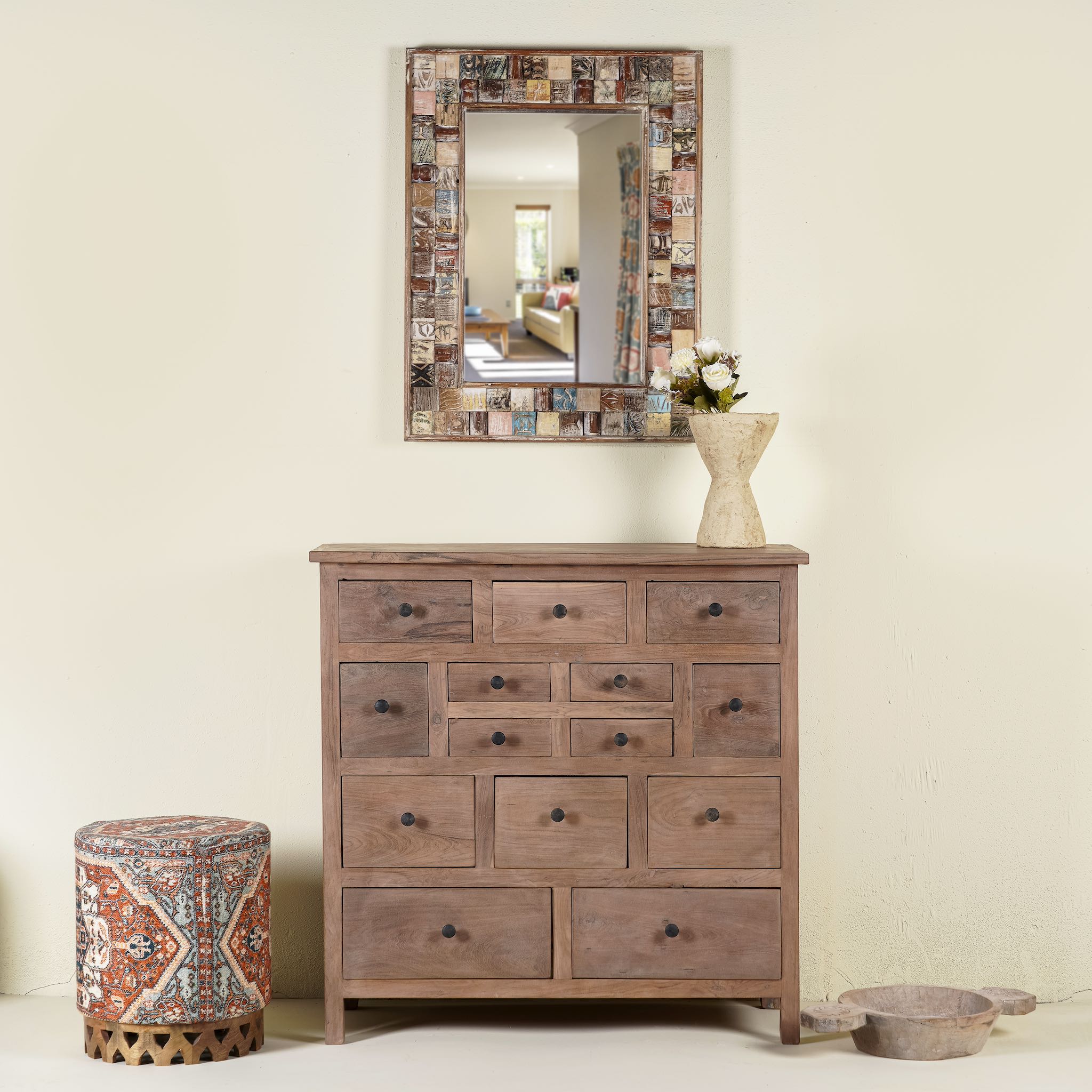 Teak furniture chest of drawers made from reclaimed old teak wood, eco-friendly sustainable furniture in Ibiza style, 100 × 40 × 100 cm.