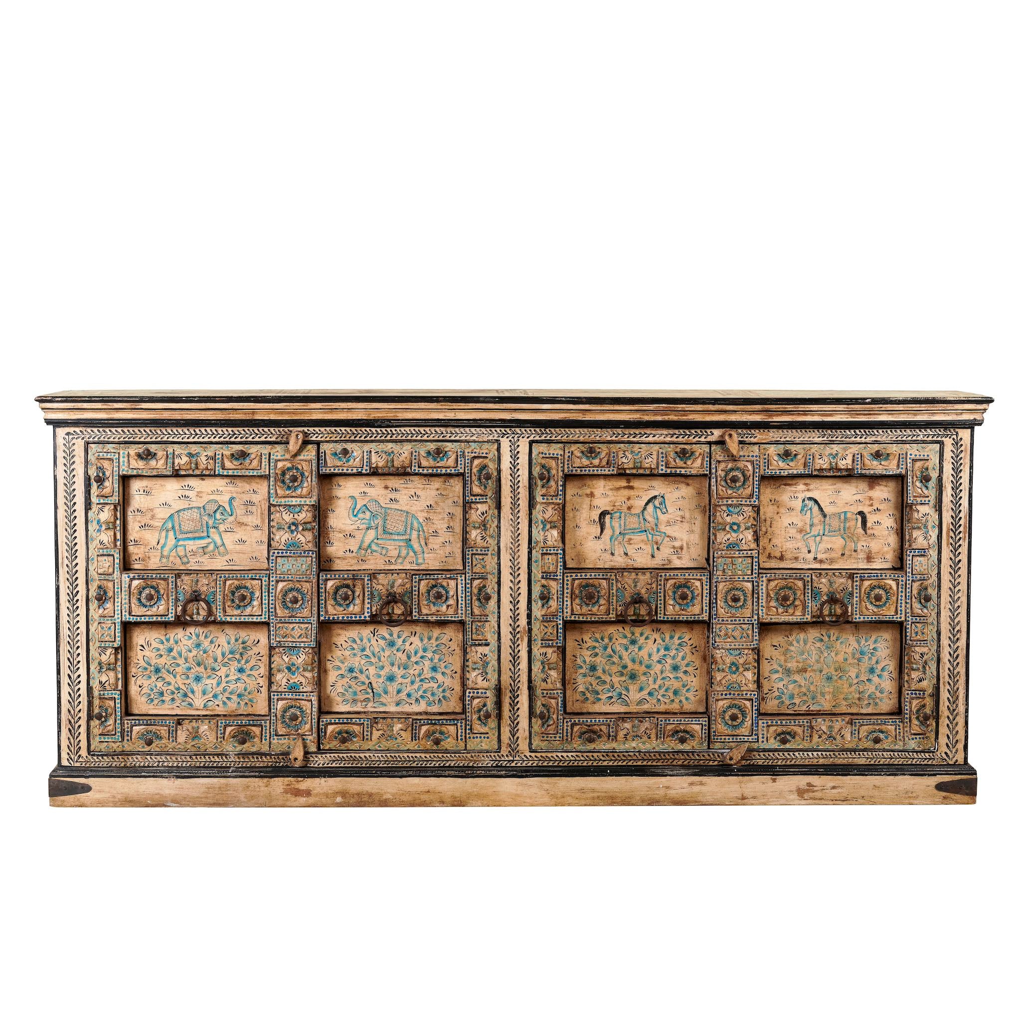 White background image of a unique sideboard made of recycled wood with hand painted Indian motifs in blue and gold; sustainable furniture for dining rooms or hallways, 220 × 44 × 98 cm.