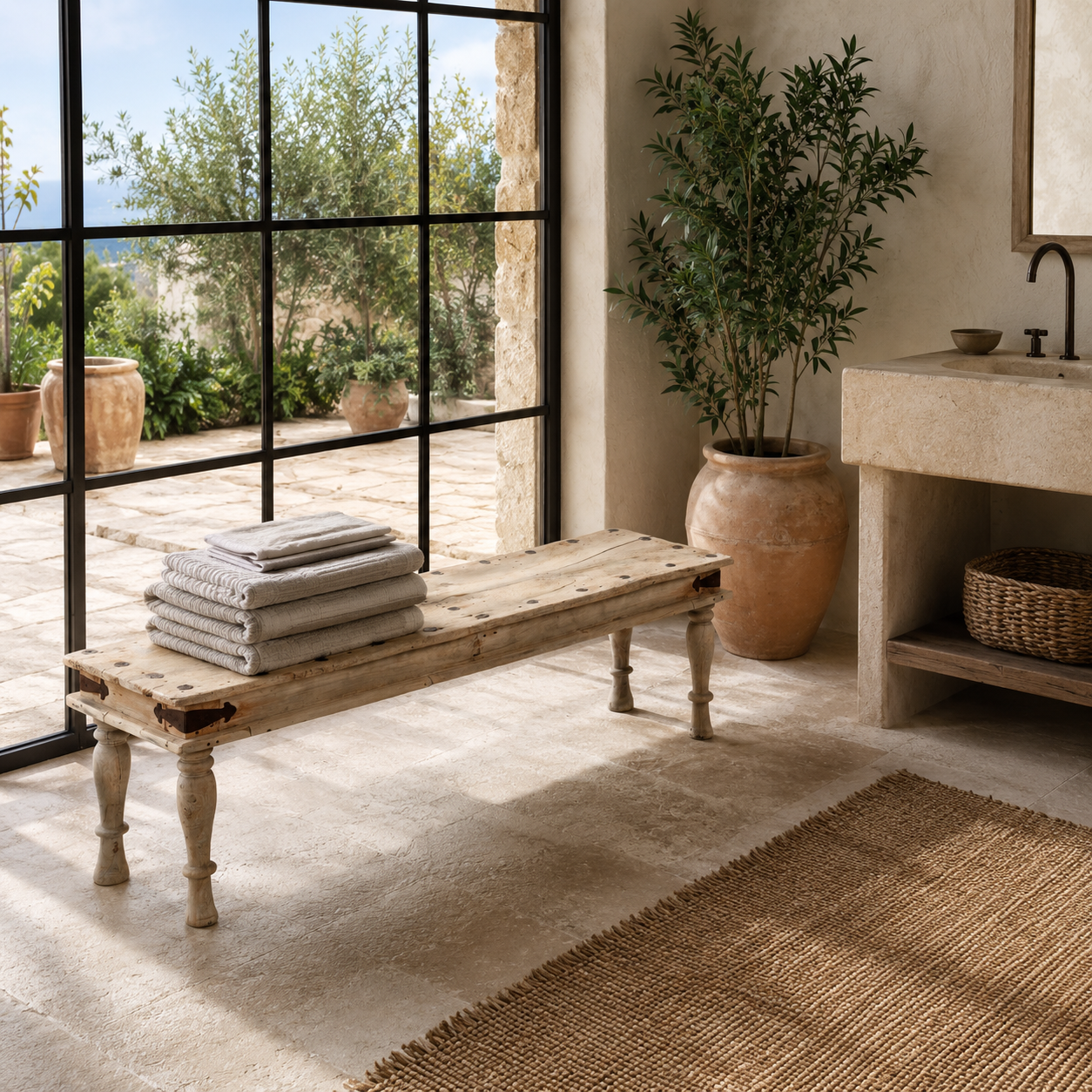 Deeva sandblasted reclaimed teak wood bench with turned legs, 152cm