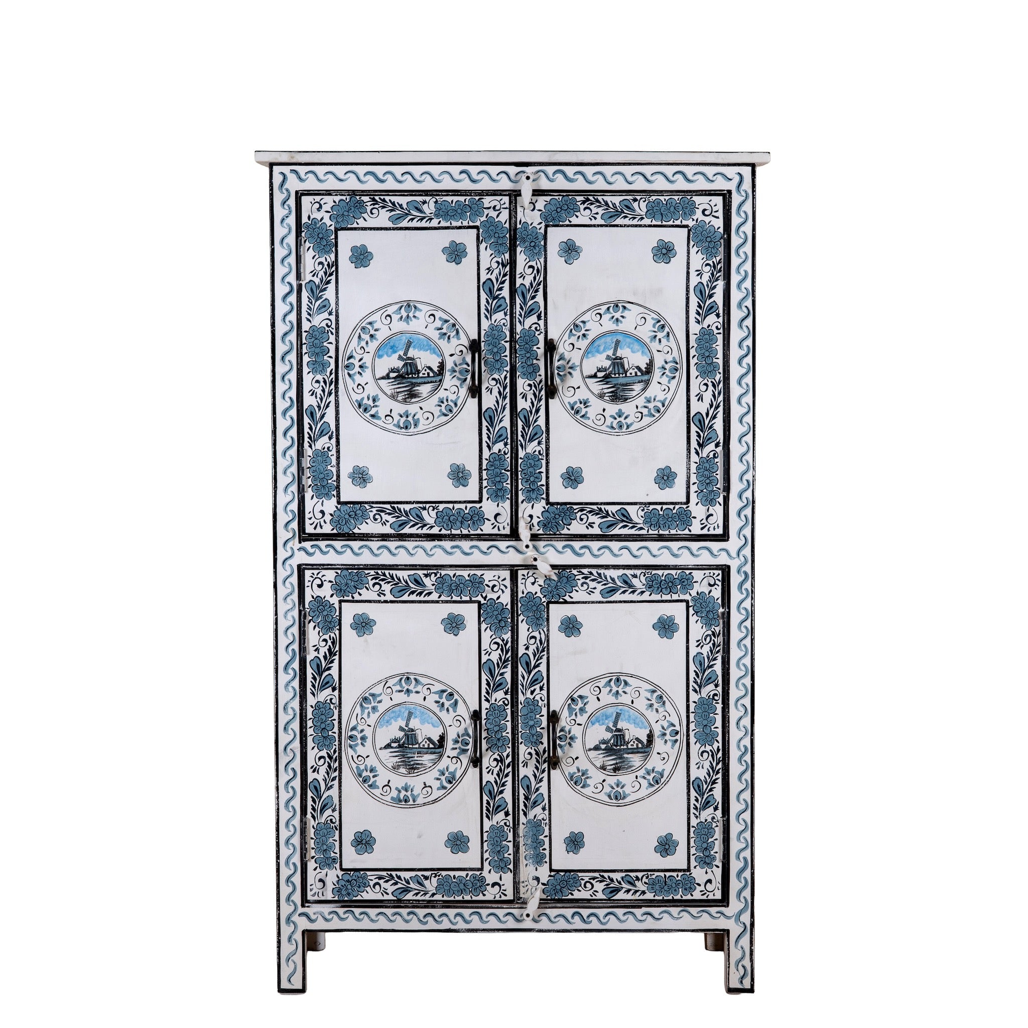 White background image of a Srika limited edition hand painted reclaimed wood cabinet inspired by Delft porcelain 150cm