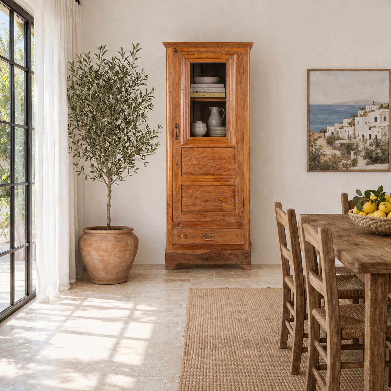 Lifestyle image of a antique teak wood display cabinet with glass door, shelves, and lower drawer – unique furniture piece crafted from teak wood with traditional Indian design and honey wax finish.