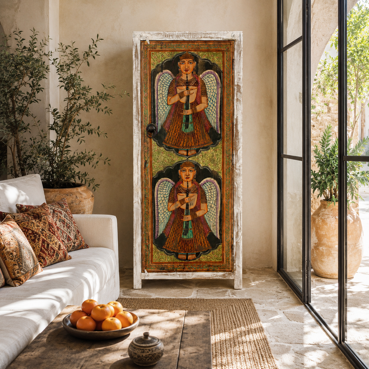Lifestyle image of a Devadoot solid mango wood wardrobe with hand painted angel door 185cm