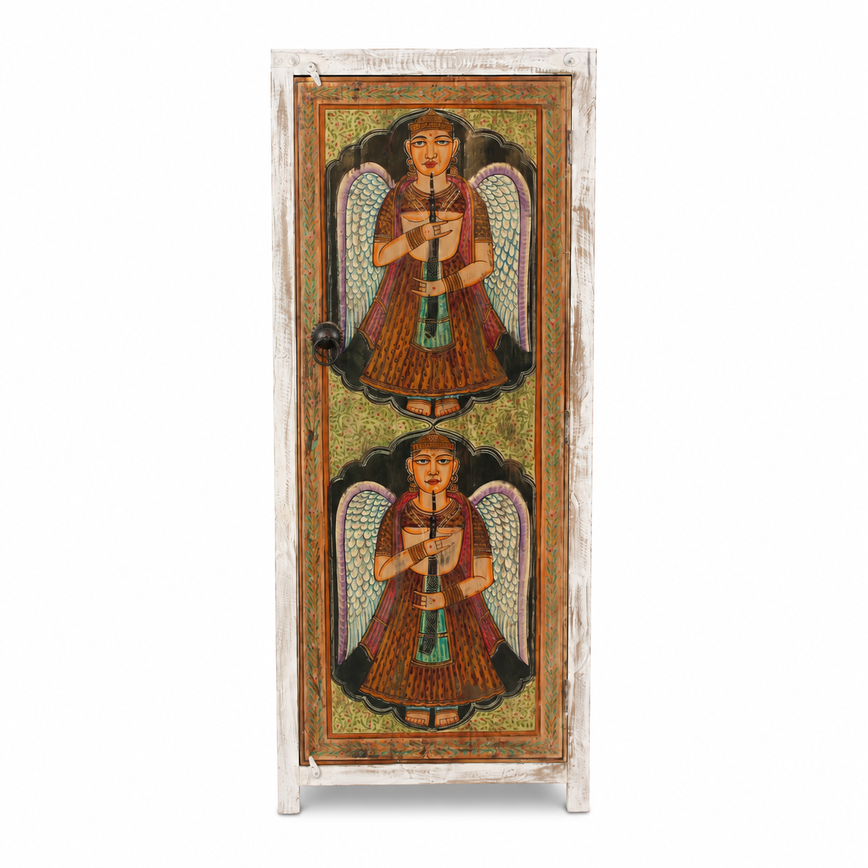 White background image of a Devadoot solid mango wood wardrobe with hand painted angel door 185cm