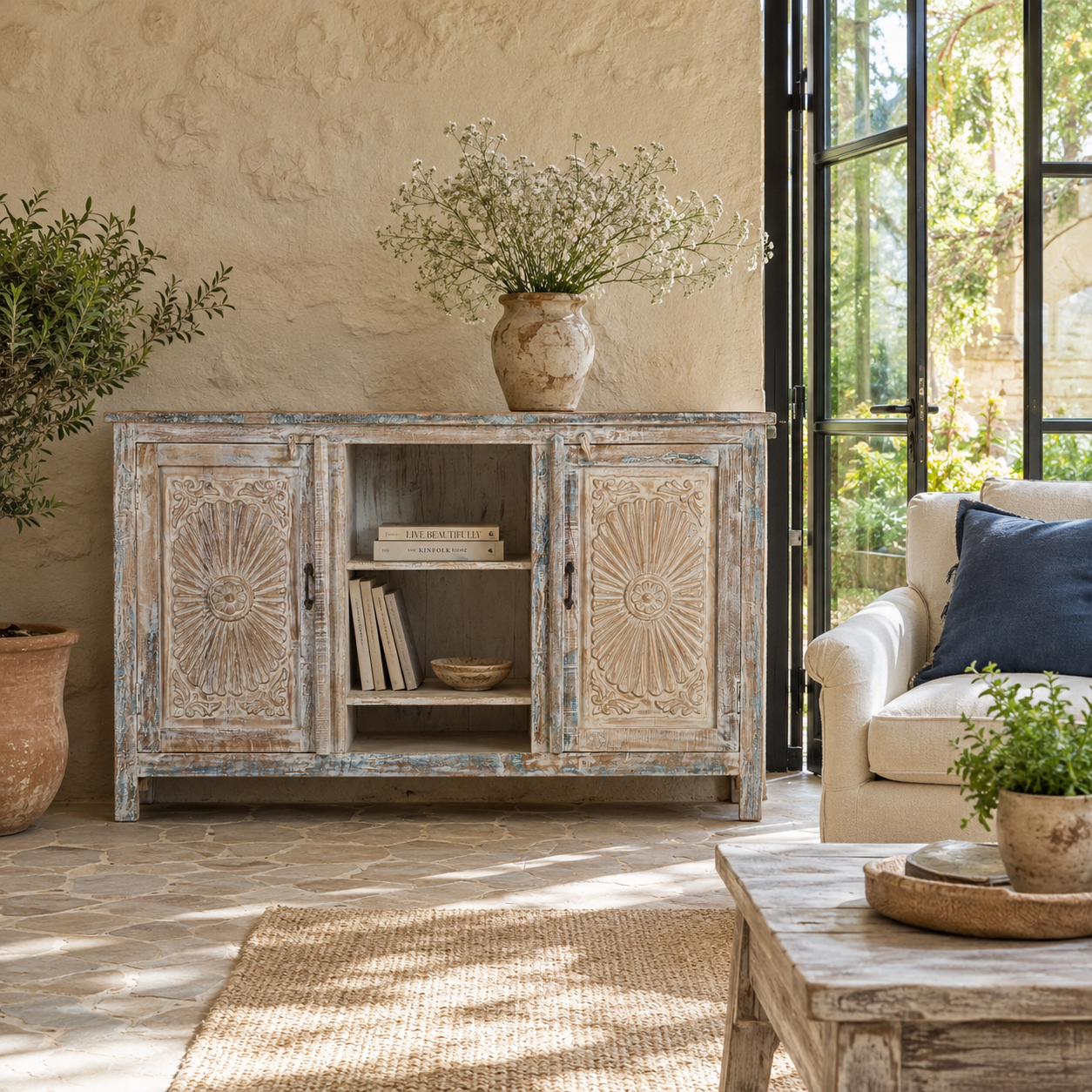 Lifestyle image of a Devesh reclaimed wood sideboard with hand carved refurbished doors, open shelves and vintage whitewash finish 153cm