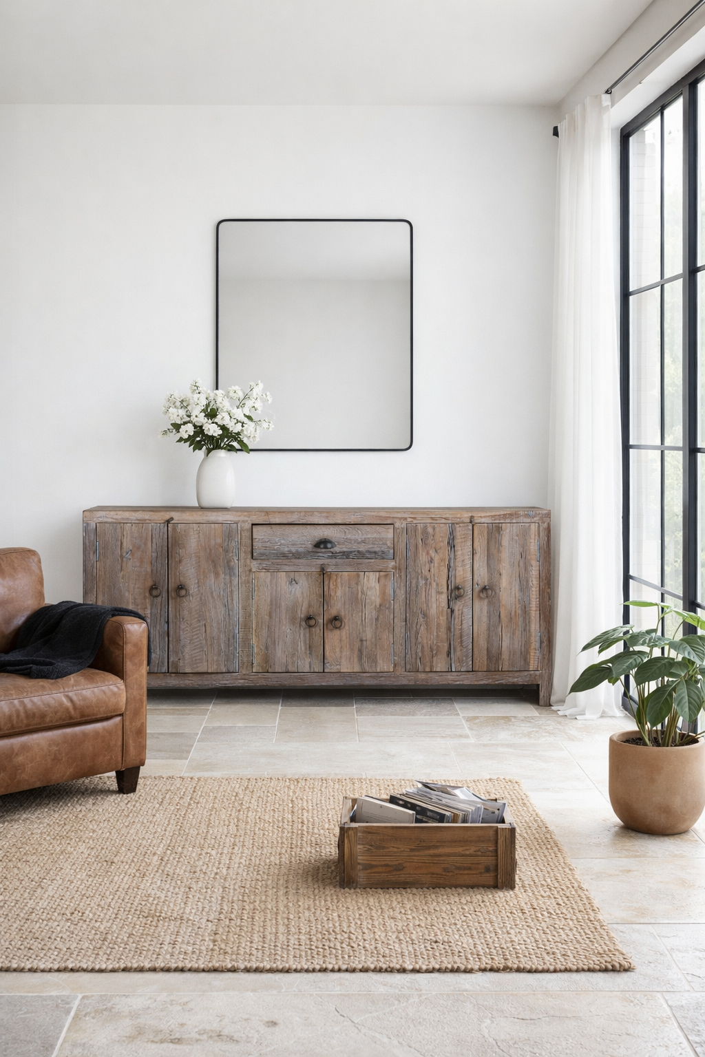 Lifestyle imagination of a reclaimed wood sideboard Devina in rustic minimalistic style with cabinet doors and central drawer. A sustainable furniture piece showcasing natural wood grain and timeless simplicity.