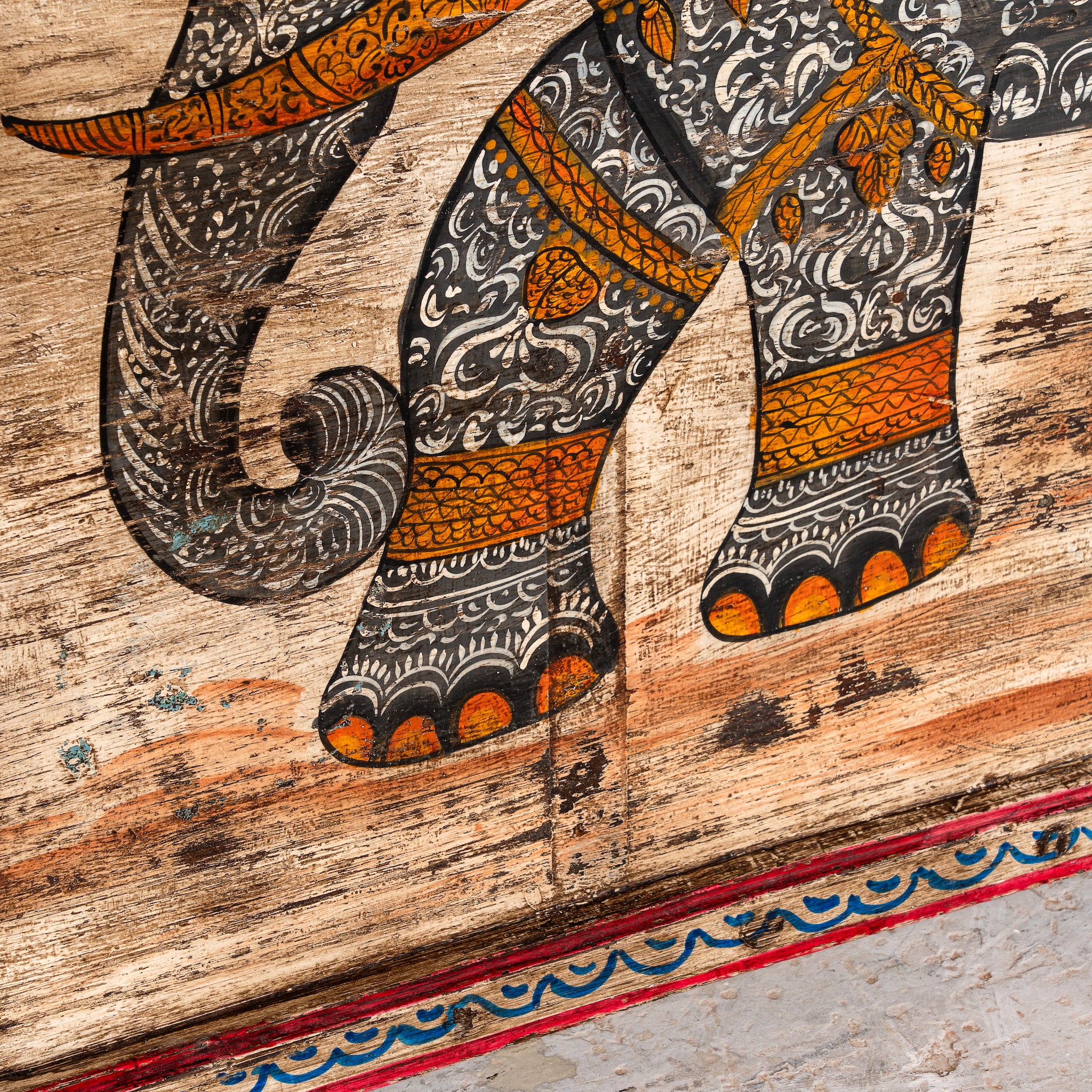 Dhairya hand painted reclaimed Indian teak door panel wall art with elephant motif 170cm
