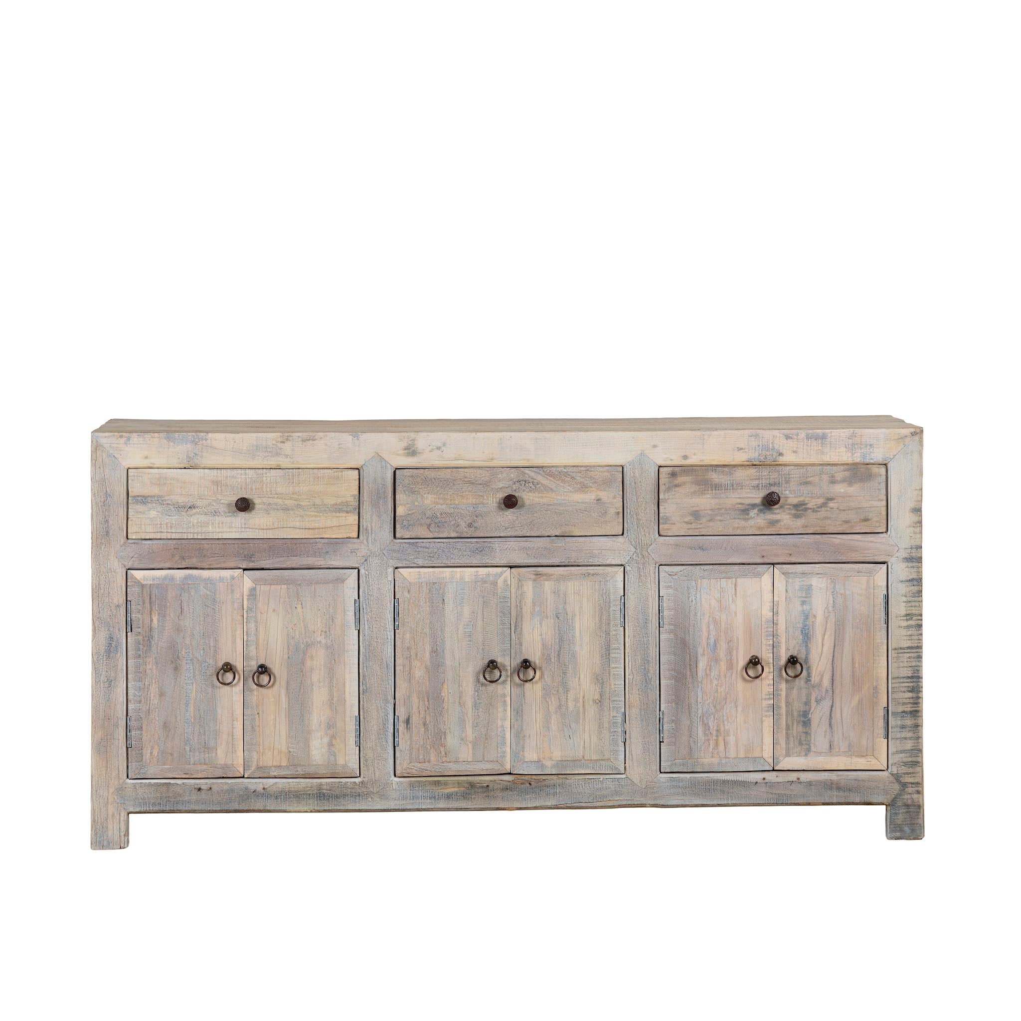 White background image of a sustainable bathroom sideboard made of reclaimed wood with four cupboards and three drawers, rustic finish, 180 × 40 × 90 cm.