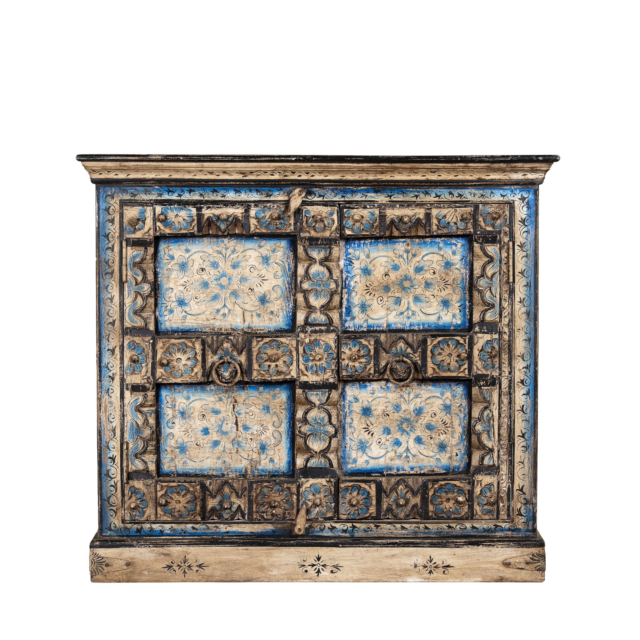White background image of a cupboard made from an antique Indian old door, hand painted cabinet with blue floral details; boho style teak wood furniture, 115 × 50 × 104 cm.