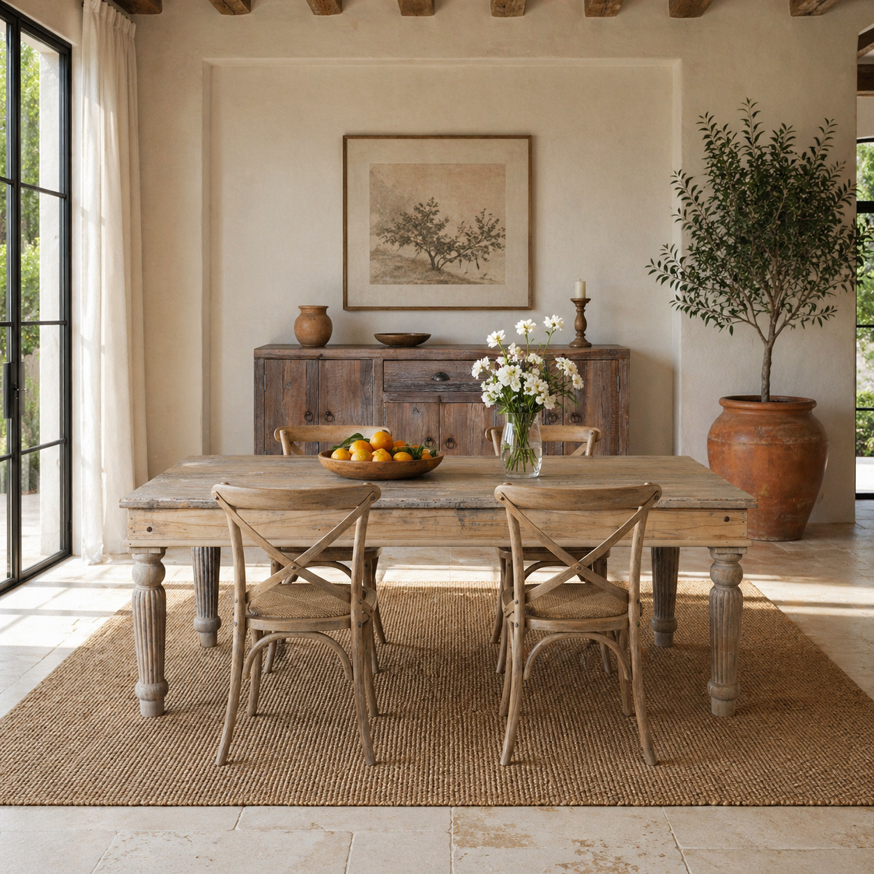 Lifestyle image of a of a sandblasted reclaimed wood dining table with carved legs, sustainable dining room furniture, 220×100×75 cm.
