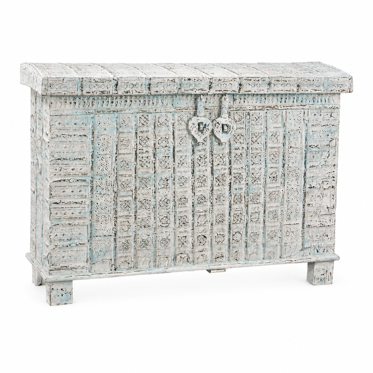 Wite background image of a antique Indian chest in blue with brass fittings – solid teak iron fitted wooden chest ideal for storing blankets, pillows, or decorative use.