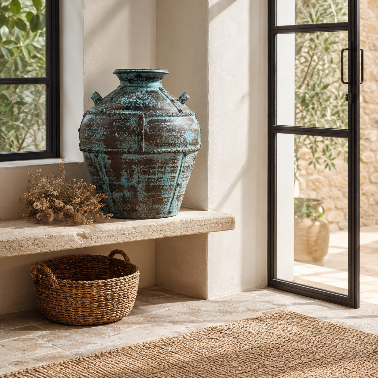 Lifestyle image of a hand-painted clay vase with vintage distressed turquoise finish, sculptural side handles and decorative rivet details, 30x38cm.