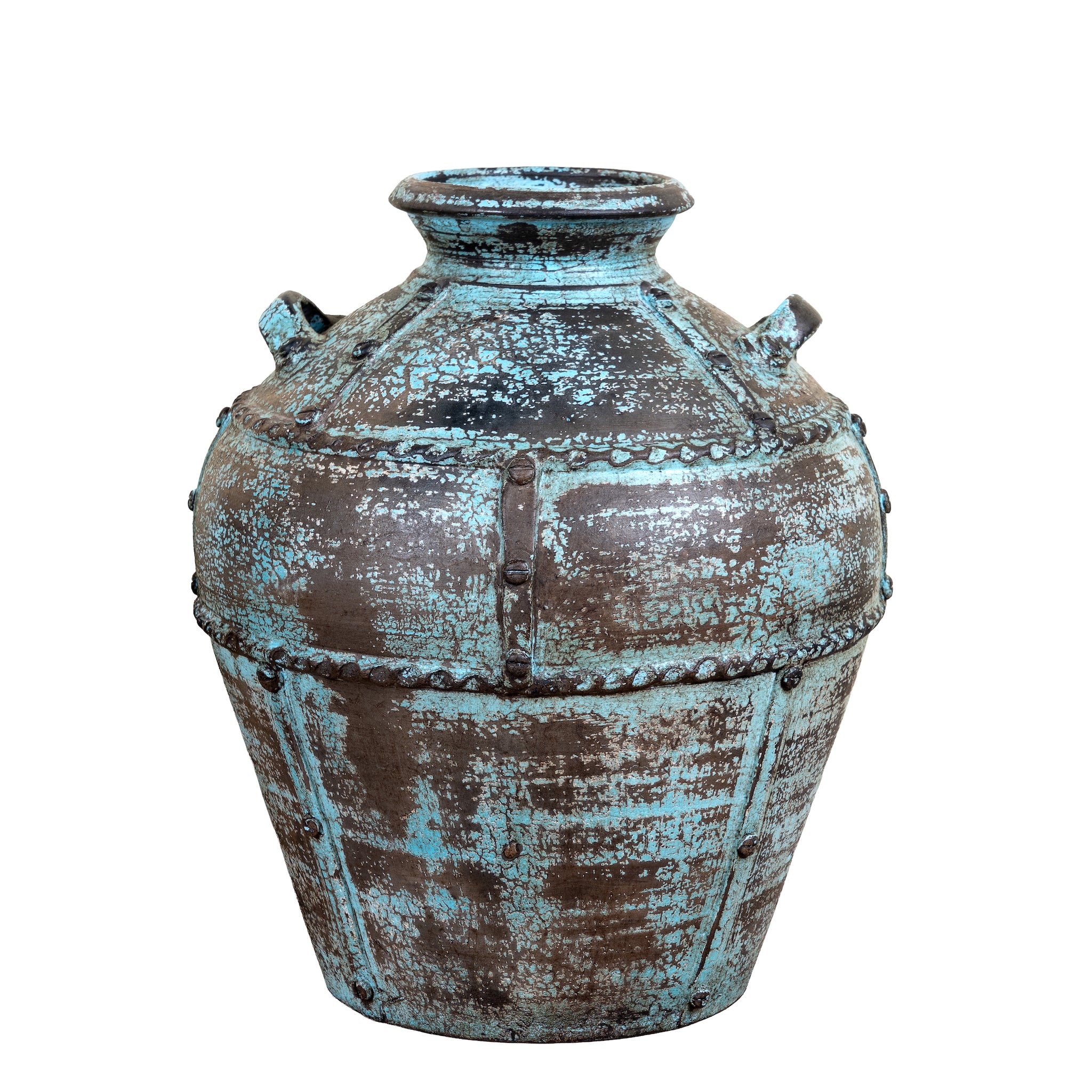 White background image of a hand-painted clay vase with vintage distressed turquoise finish, sculptural side handles and decorative rivet details, 30x38cm.