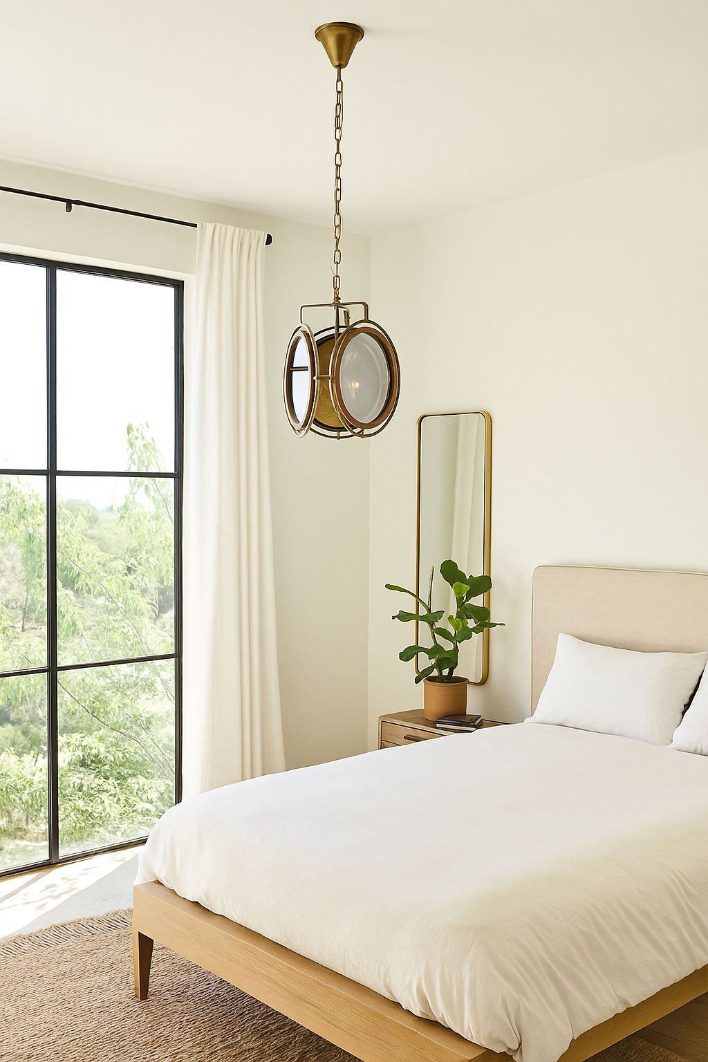 Lifestyle image of a artsy pendant lamp with 3-circle mango wood and brass-plated design, tinted glass inserts – vintage lighting piece for dining rooms, kitchens, or stylish living areas.