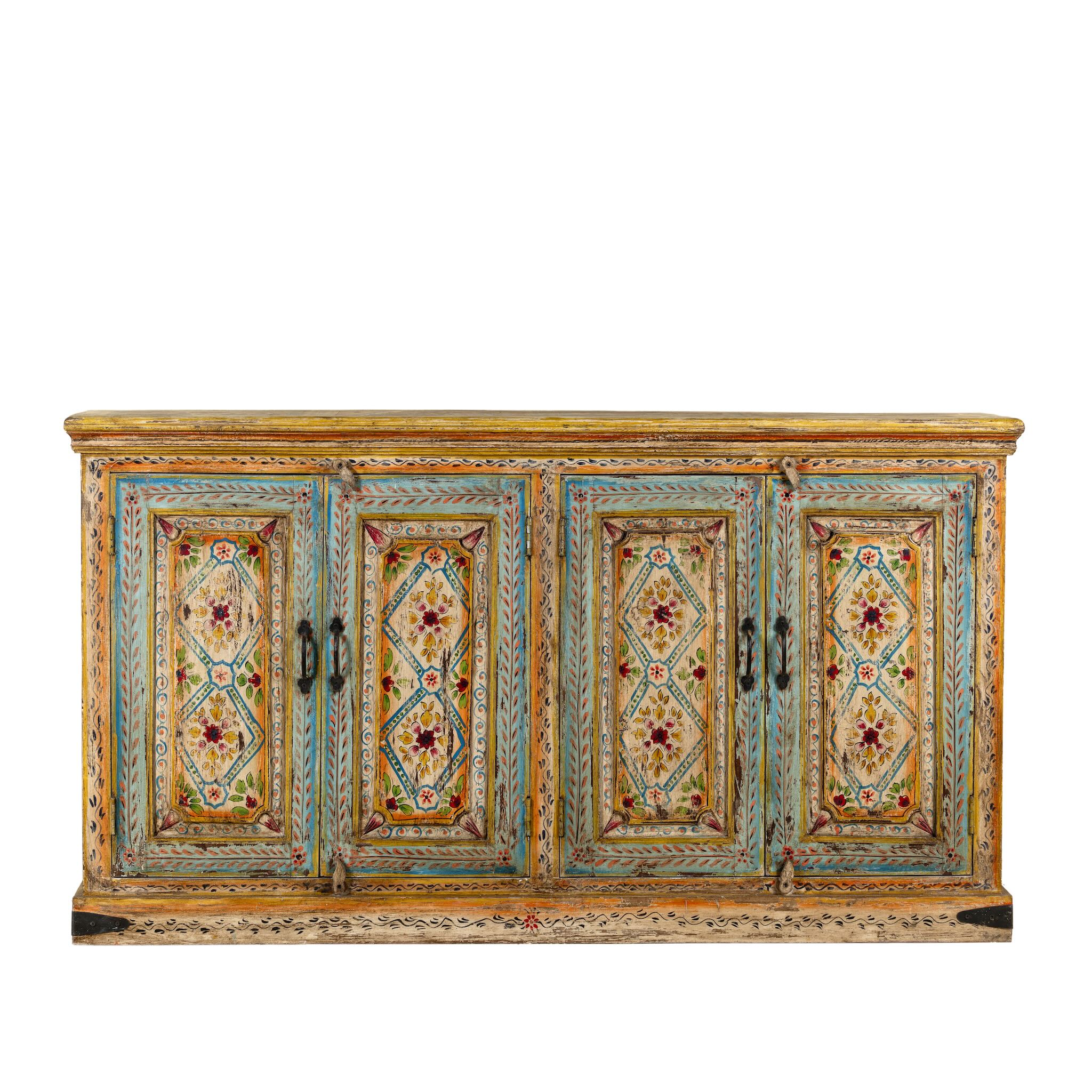White background image of a of a hand painted wooden dresser with floral and geometric motifs, reclaimed wood living room furniture in vintage boho style, 170 × 45 × 95 cm.