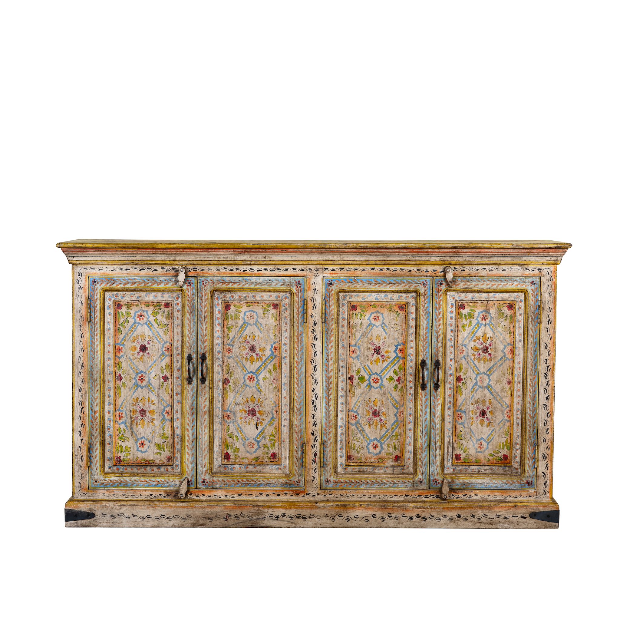 White background image of a hand painted wooden dresser with floral and geometric motifs, reclaimed wood living room furniture in vintage boho style, 170 × 45 × 95 cm.