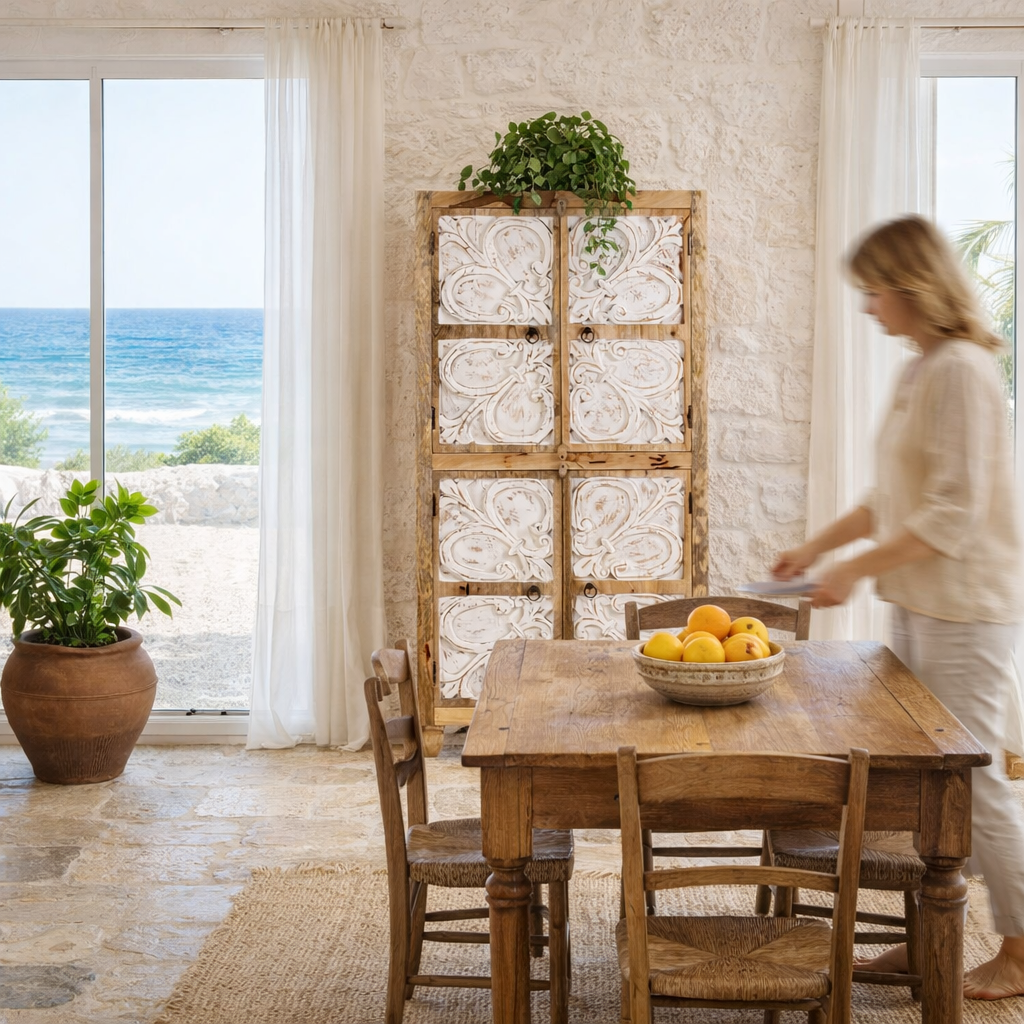 Lifestyle image of a of a hand-carved mango wood wardrobe with floral motifs and whitewashed finish; wooden wardrobe ideal for bedroom furniture, 90 × 180 × 40 cm.