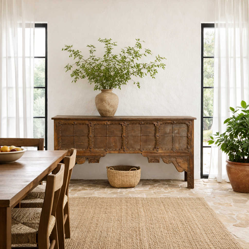 Lifestyle image of a teak wood console table made from reclaimed Indian door parts; handcrafted old door furniture, 183 × 90 × 43 cm.