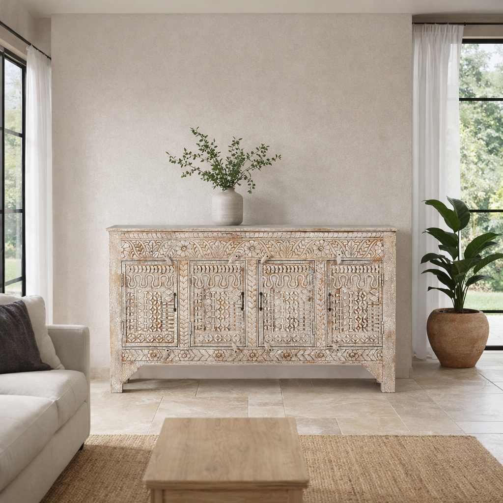 Lifestyle image of a hand-carved mango wood sideboard with a three-layer vintage finish, featuring two doors and three drawers—perfect for rustic or bohemian interiors.