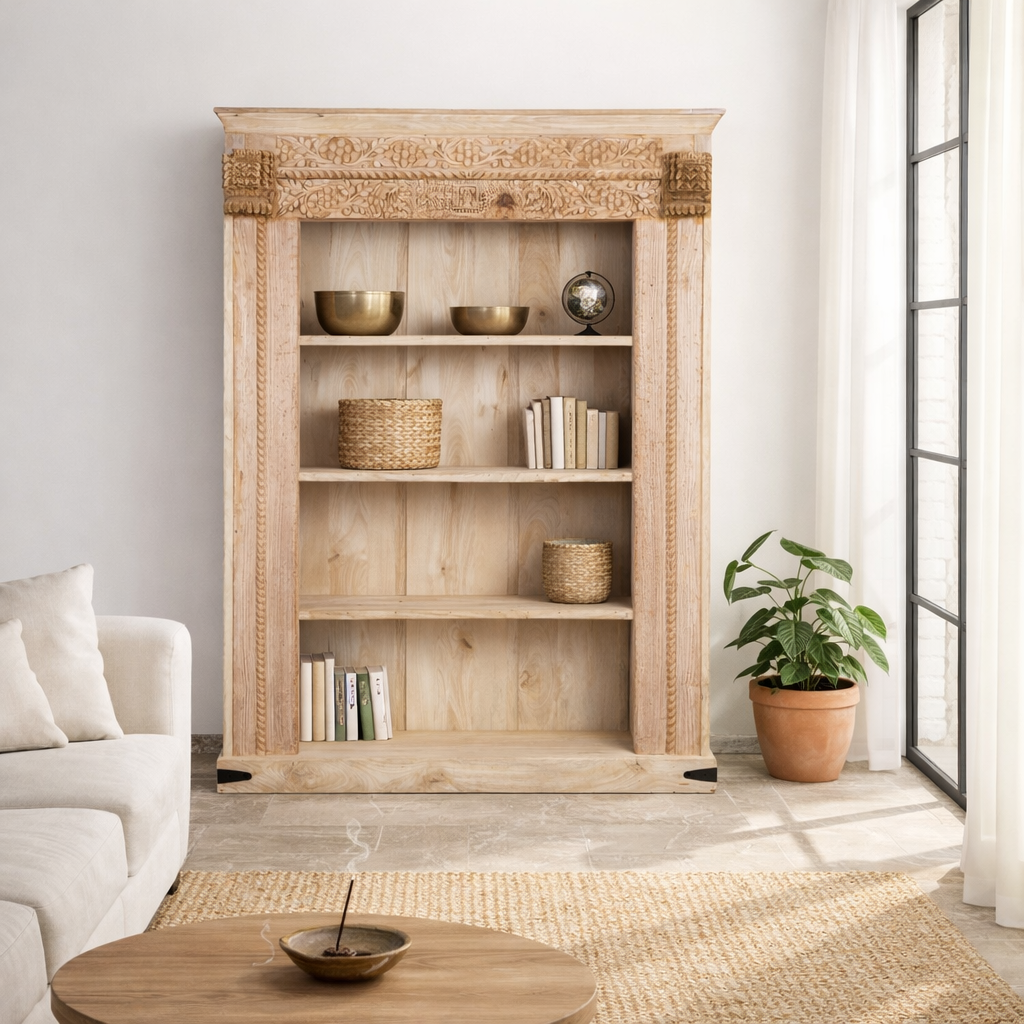 lifestyle image of a handcrafted shelf with reclaimed teak wood frame and mango wood body – unique Indian furniture with carved detailing and rustic teak wood finish.