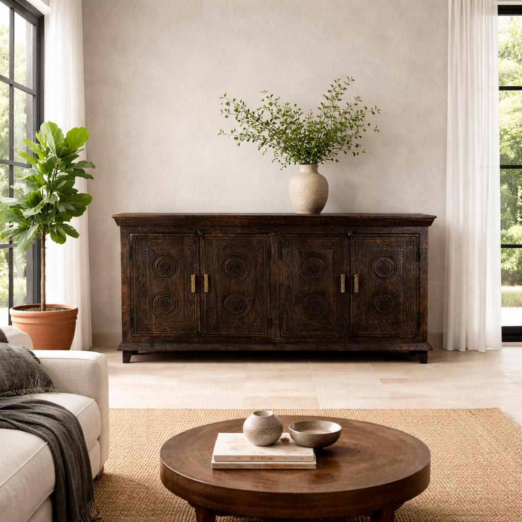 Lifestyle image of a handcrafted wood carved sideboard in black mango wood with four doors, versatile for bedroom furniture or living spaces, 180 × 40 × 90 cm.