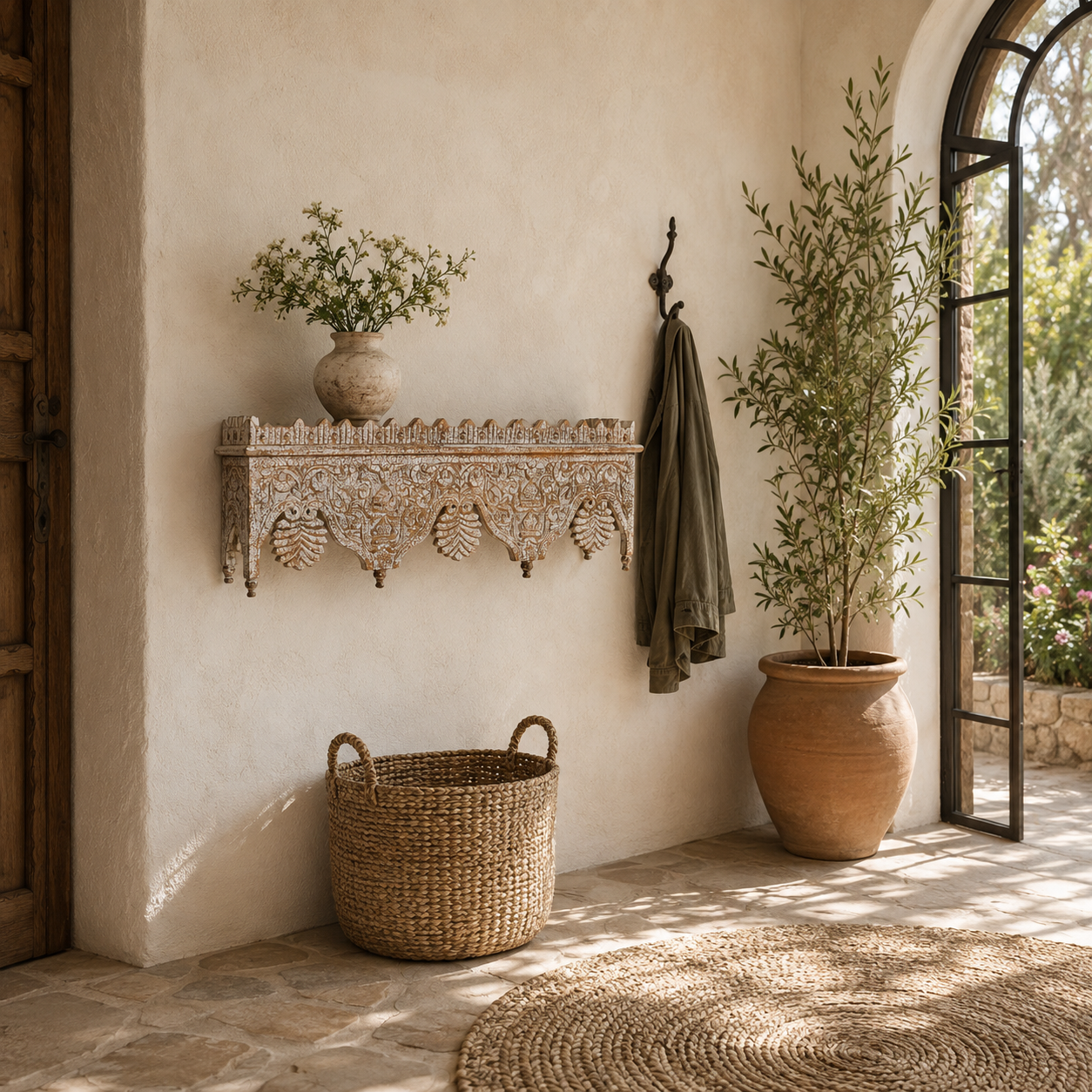 Lifestyle image of a carved mango wood shelf in distressed vintage finish; artisanal furniture and vintage home decor, 90 × 25 × 30 cm.