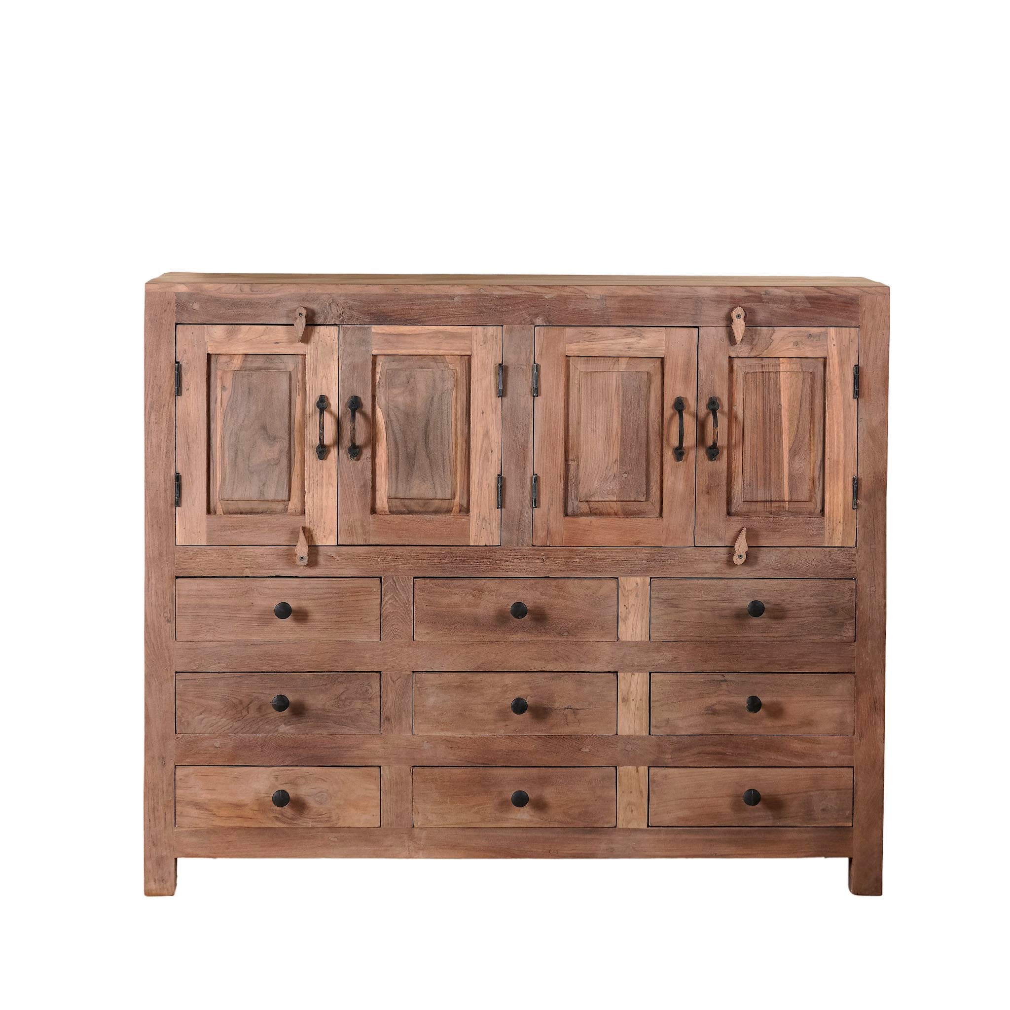 White background image of a sustainable furniture teak sideboard made from reclaimed old teak wood in Ibiza style, 120 × 40 × 100 cm.
