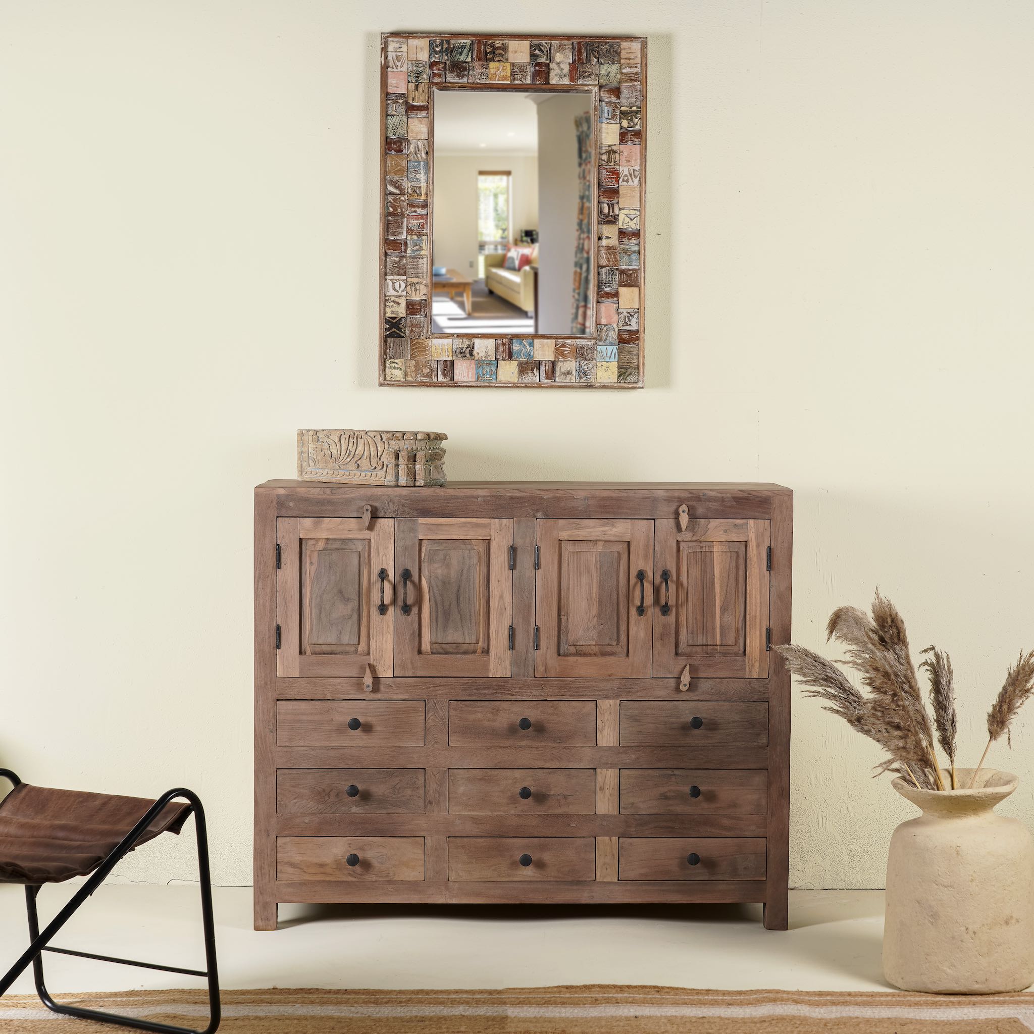 Sustainable furniture teak sideboard made from reclaimed old teak wood in Ibiza style, 120 × 40 × 100 cm.