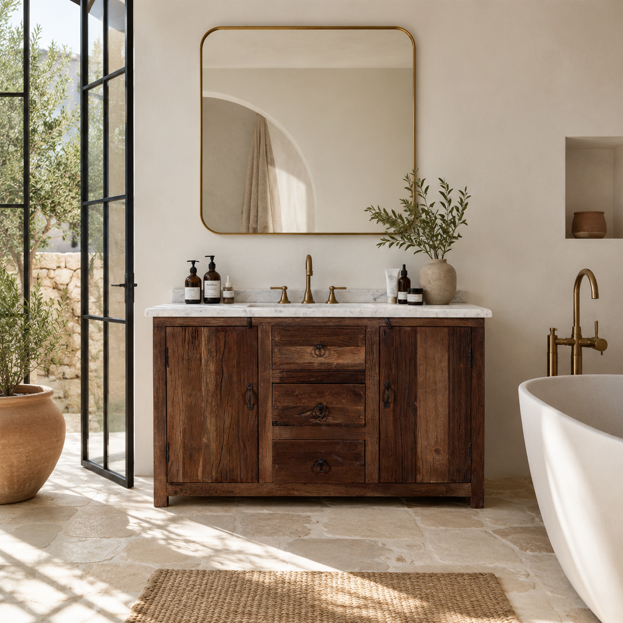 Lifestyle image of a wabi sabi furniture driftwood sideboard with white marble top, minimalist Japandi cabinet with drawers and sliding surface, 125 × 35 × 75 cm.