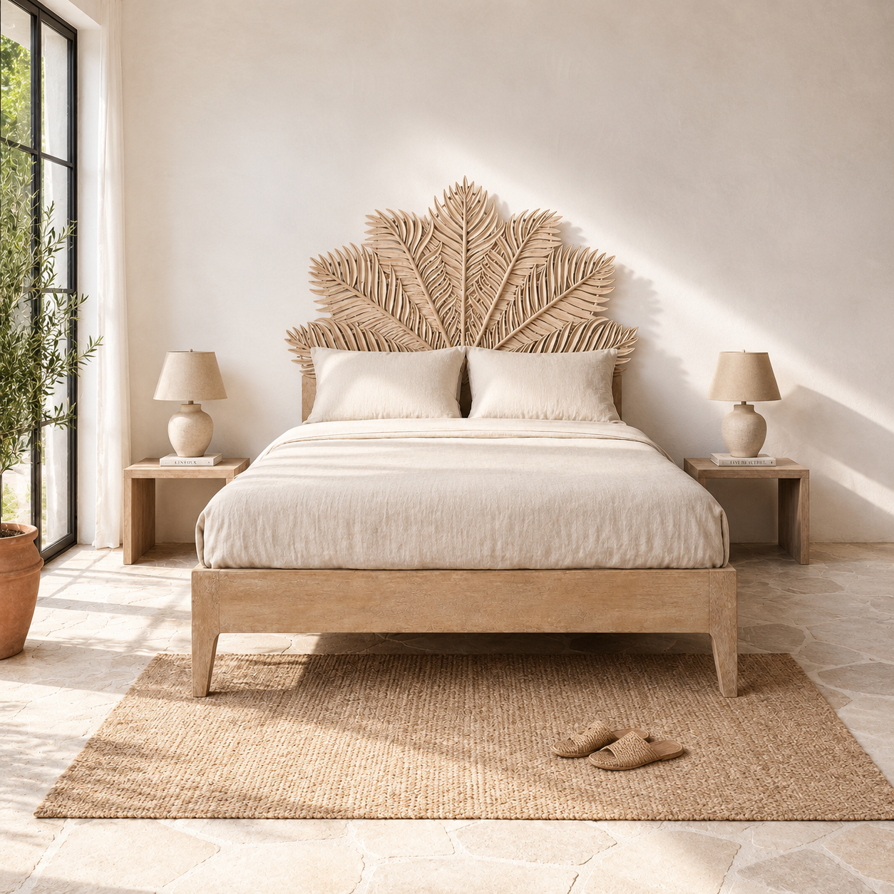 Lifestyle image of a mango wood bed frame with a hand carved headboard in Farn design.