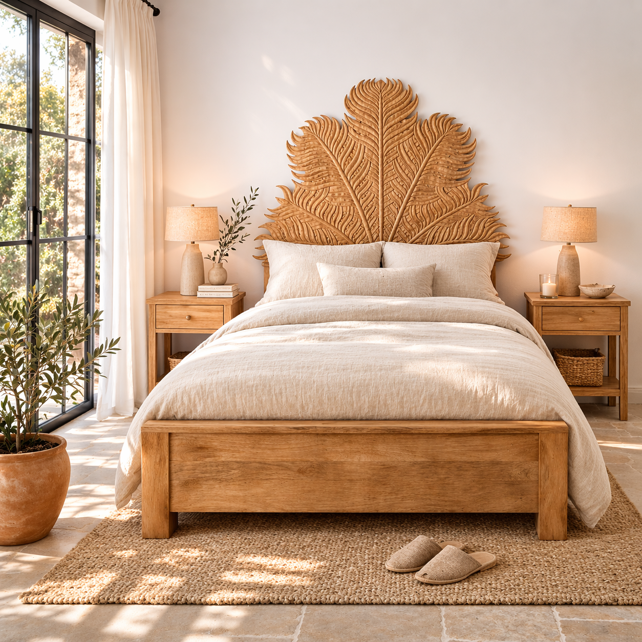 Lifestyle image of a mango wood bed frame with a hand carved headboard in Farn design.