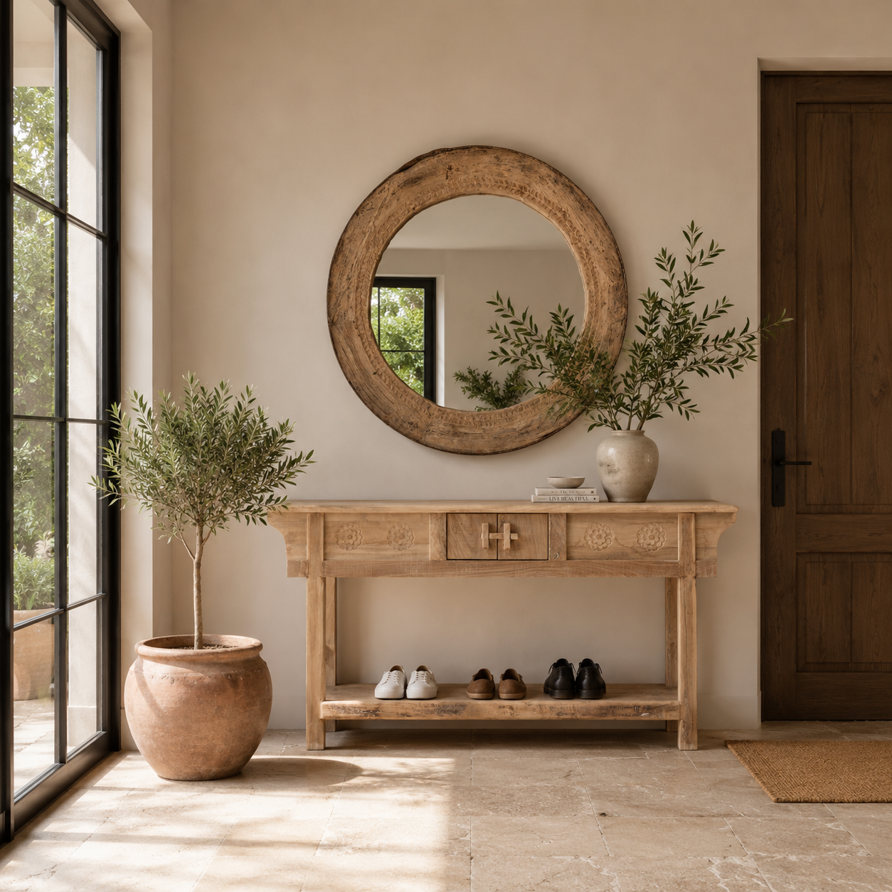 Lifestyle image of a round carved wooden mirror with reclaimed teak frame and rustic iron edging; Indian furniture online, 110 cm diameter, 8 cm deep.