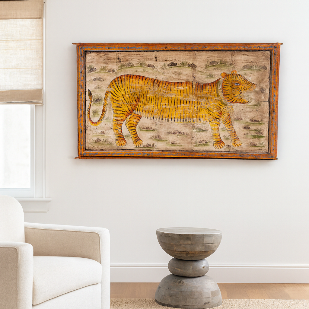 White background image of a hand-painted wooden wall panel with tiger motif, made from reclaimed Indian door; vintage wall panels for boho chic living room décor, 167 × 7 × 100 cm.