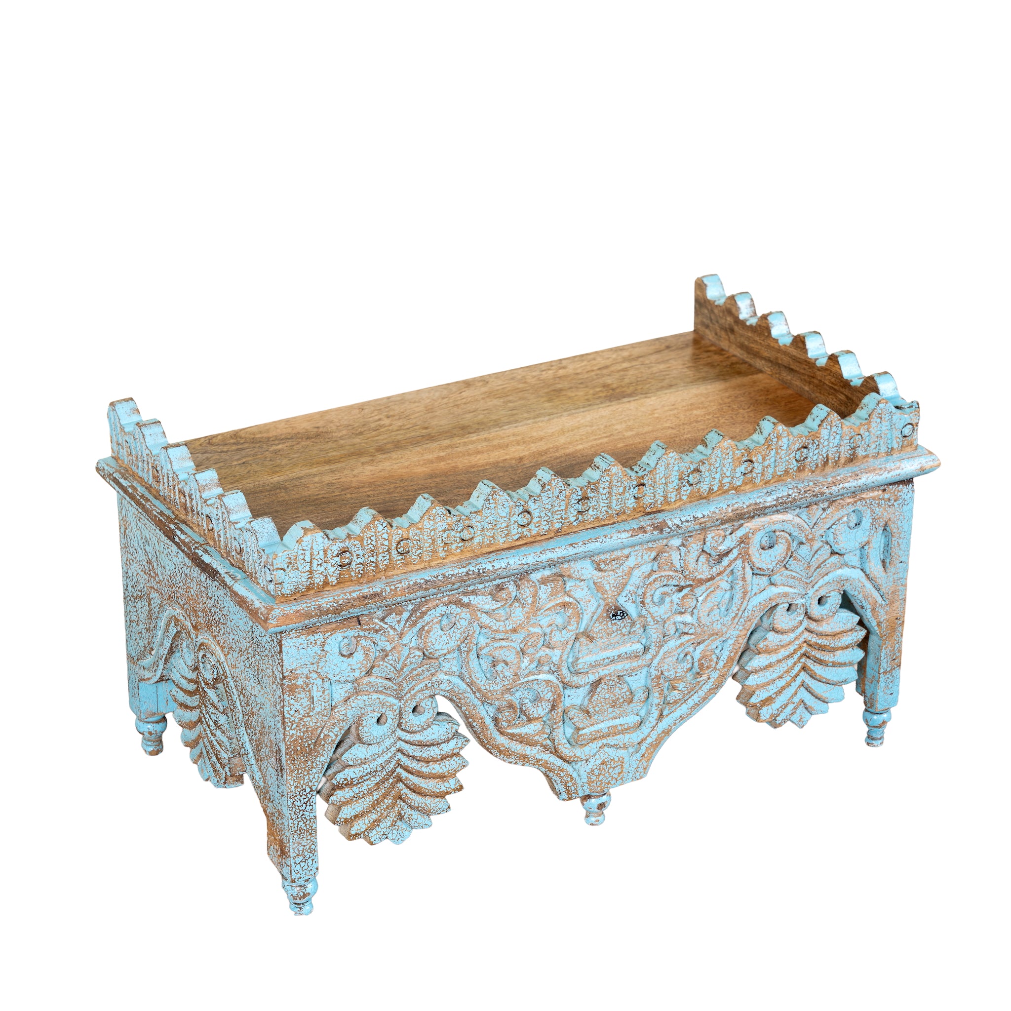 Side angle image of a hand carved mango wood wall shelf with distressed vintage finish, 90cm.