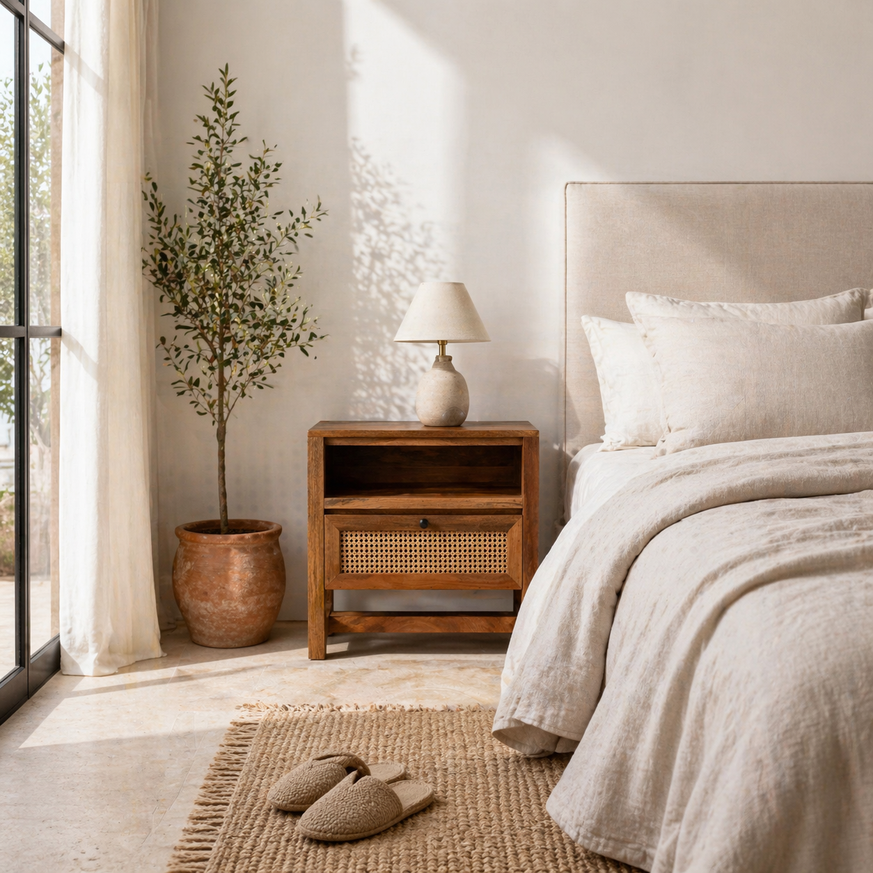 Lifestyle image of a mango wood bedside table with rattan insert, handcrafted rattan furniture; durable mango wood furniture, 60 × 60 × 40 cm.