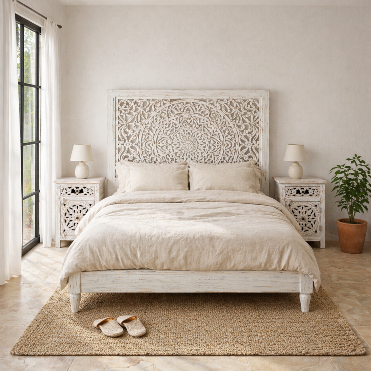 Life style scene showing Gagan mango wood night stands next to Flair panel bed, Om Home & Garden.