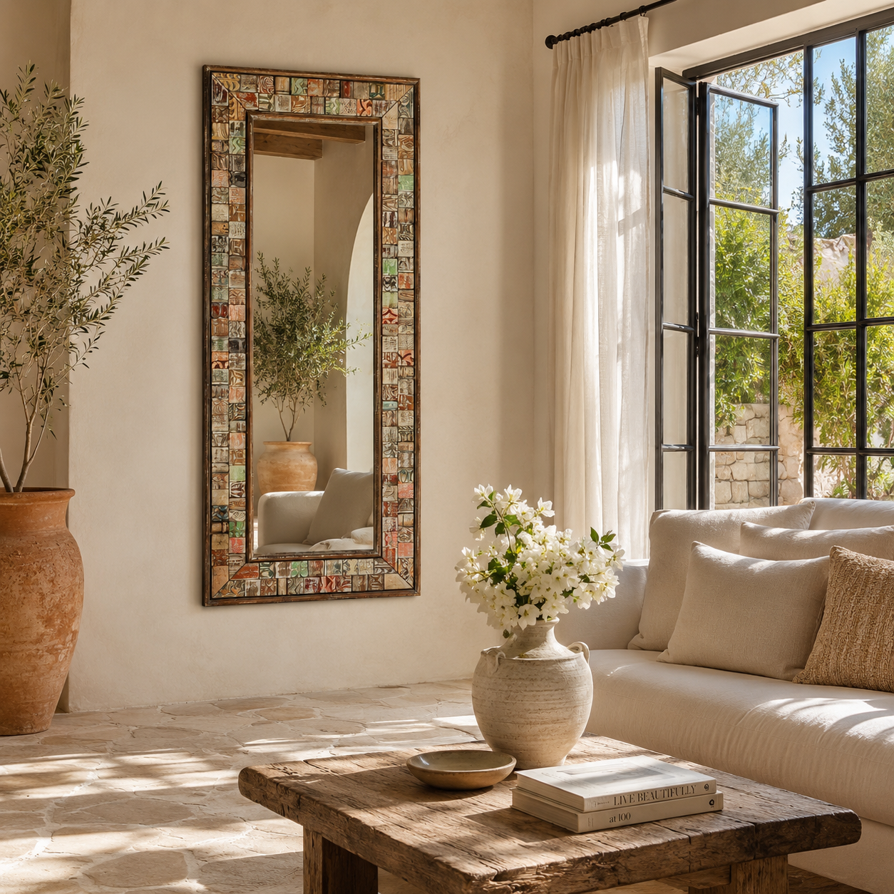 Lifestyle image of a of a handmade mango wood mirror with patchwork reclaimed frame, distressed vintage finish; perfect for vintage home decor, 60 × 5 × 145 cm.