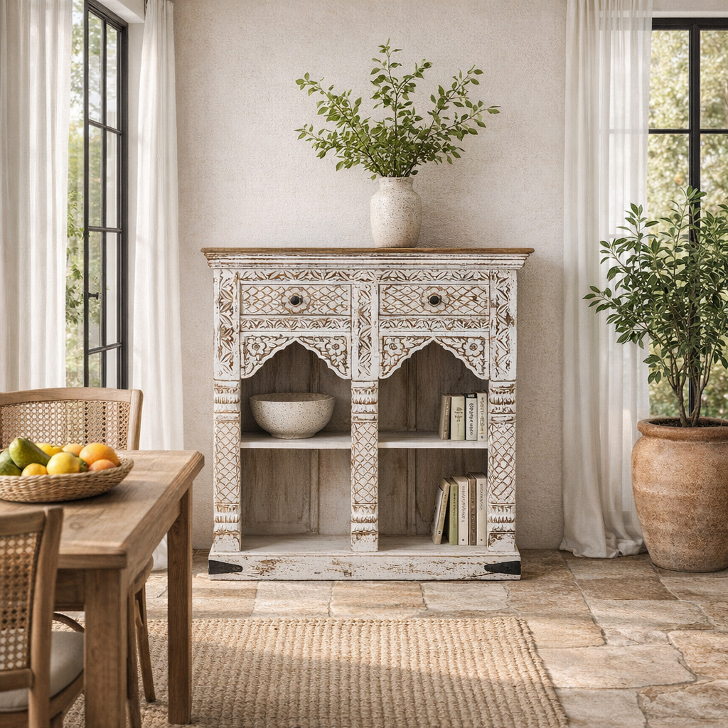 Lifestyle image of a handcrafted mango wood shelving unit with balanced square design – vintage home accessories display shelf with natural wood finish and artistic expression.