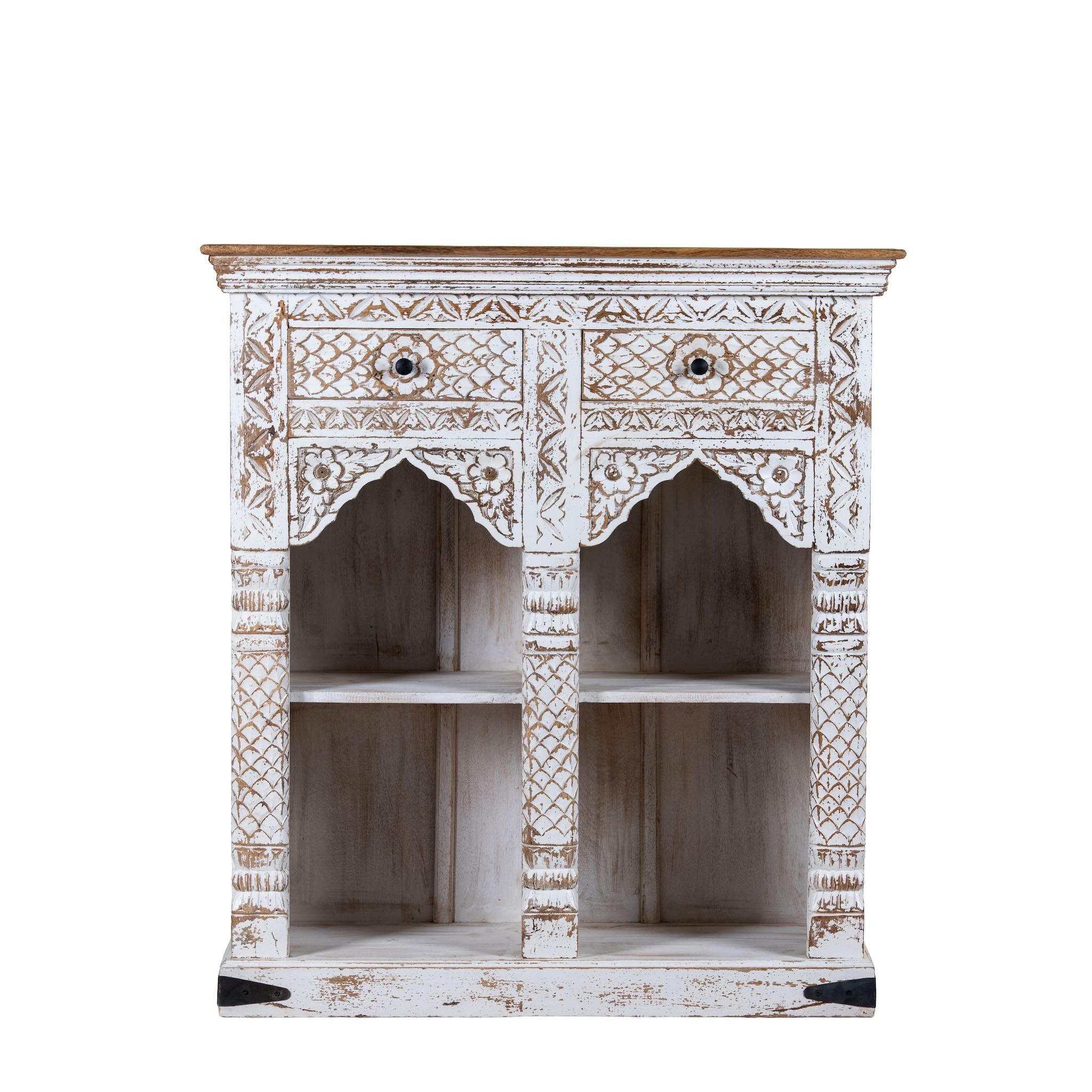 White background image of a handcrafted mango wood shelving unit with balanced square design – vintage home accessories display shelf with natural wood finish and artistic expression.