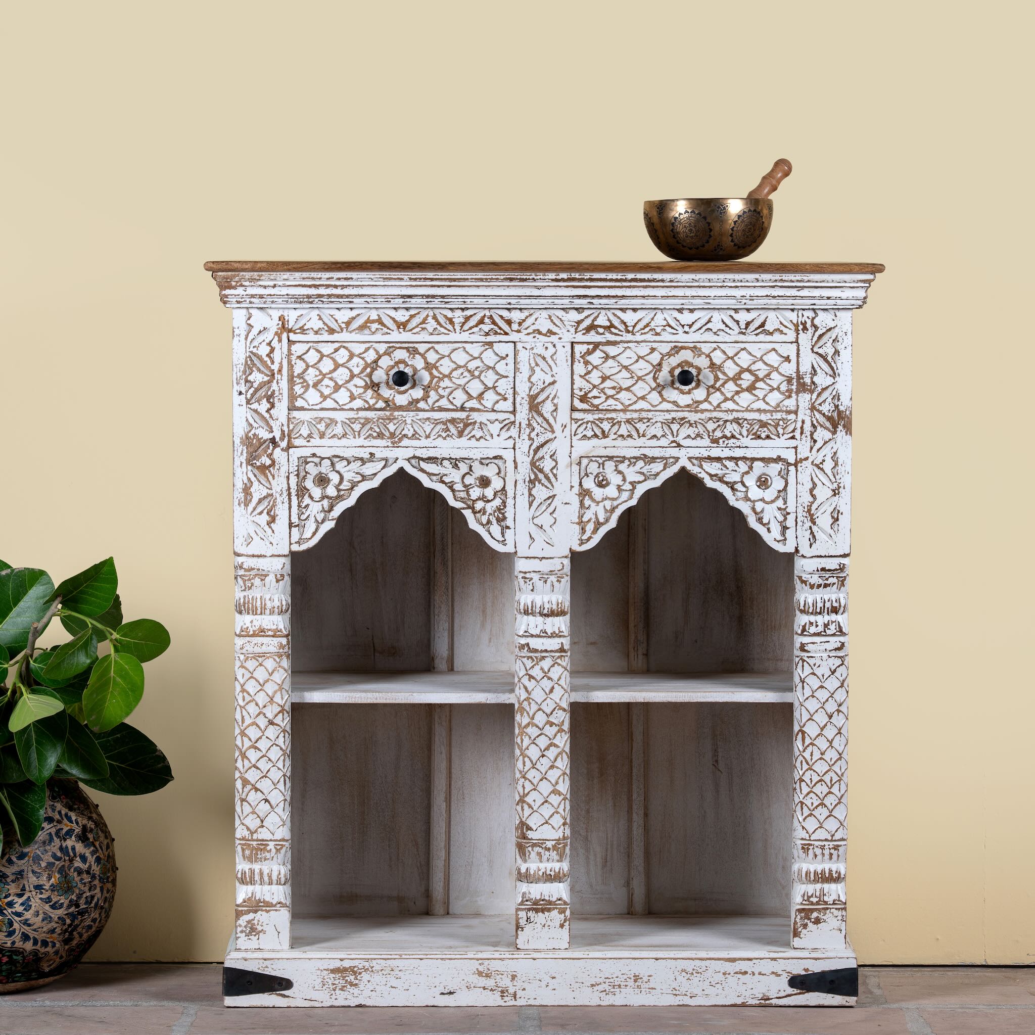 Image of a handcrafted mango wood shelving unit with balanced square design – vintage home accessories display shelf with natural wood finish and artistic expression.